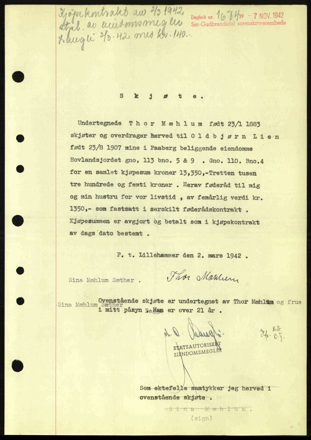 Sør-Gudbrandsdal tingrett, SAH/TING-004/H/Hb/Hbd/L0011: Pantebok nr. A11, 1942-1943, Dagboknr: 1674/1942