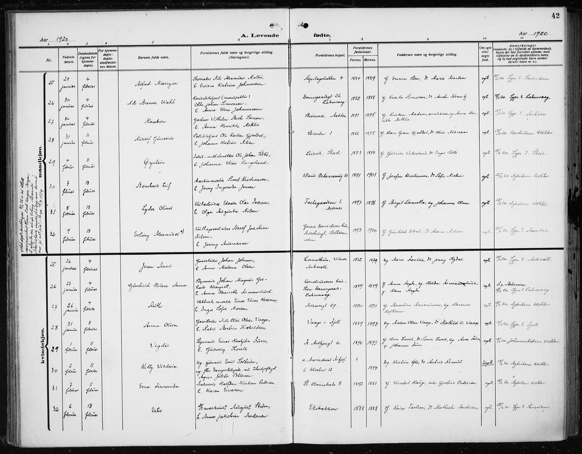 Fødselsstiftelsens sokneprestembete*, SAB/-: Ministerialbok nr. A 5, 1918-1926, s. 42