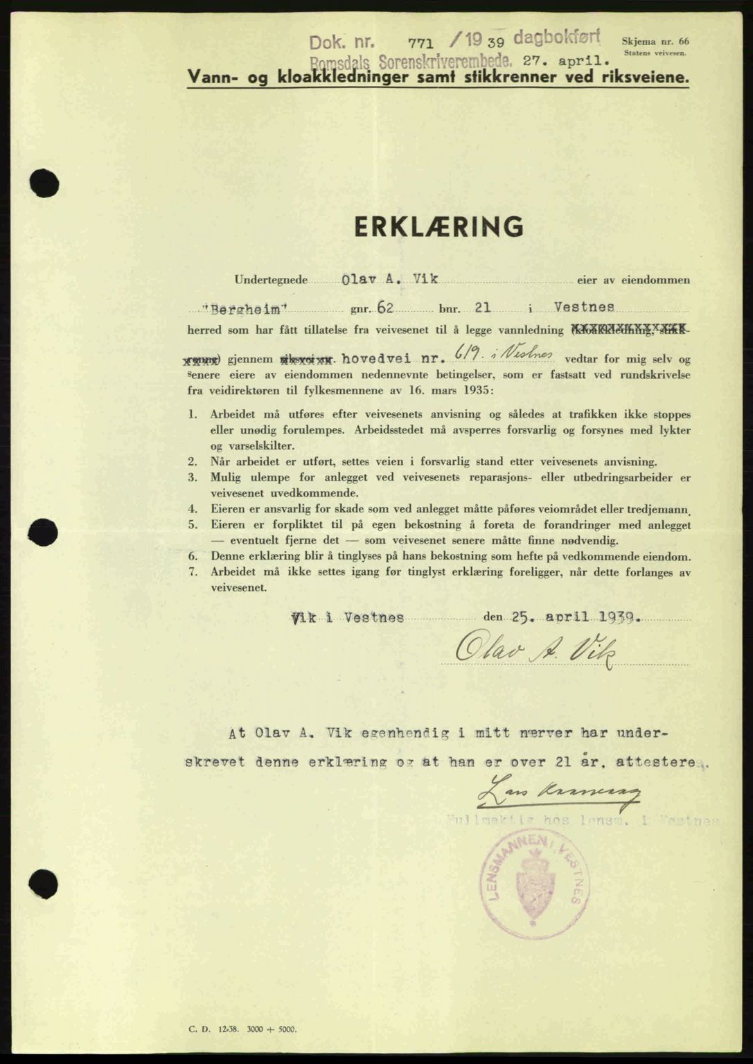 Romsdal sorenskriveri, AV/SAT-A-4149/1/2/2C: Pantebok nr. A6, 1938-1939, Dagboknr: 771/1939