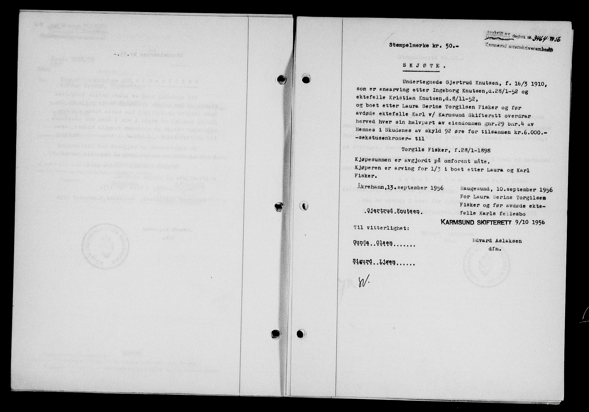Karmsund sorenskriveri, SAST/A-100311/01/II/IIB/L0121: Pantebok nr. 101A, 1956-1956, Dagboknr: 3464/1956
