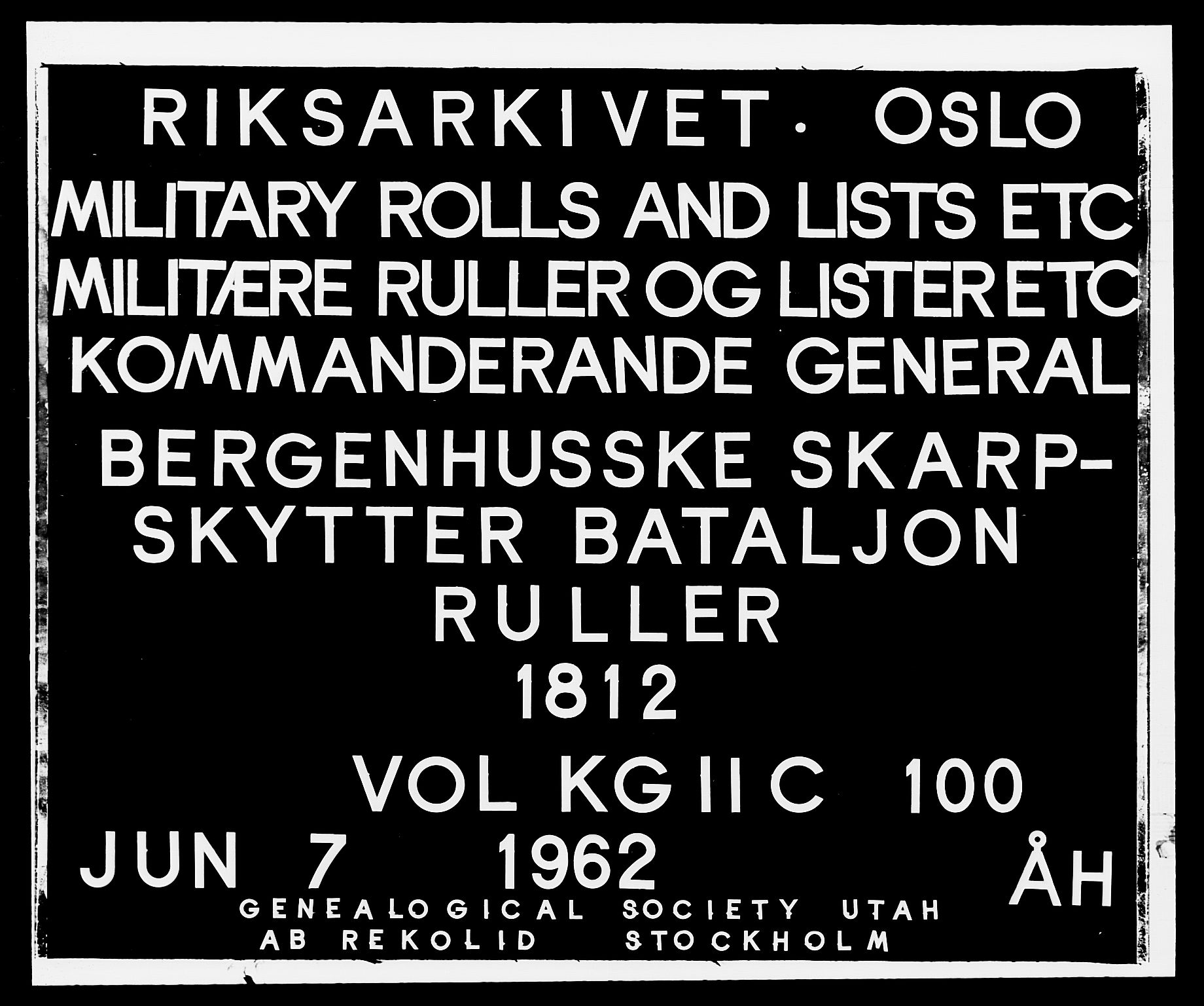 Generalitets- og kommissariatskollegiet, Det kongelige norske kommissariatskollegium, AV/RA-EA-5420/E/Eh/L0100: Bergenhusiske skarpskytterbataljon, 1812, s. 1