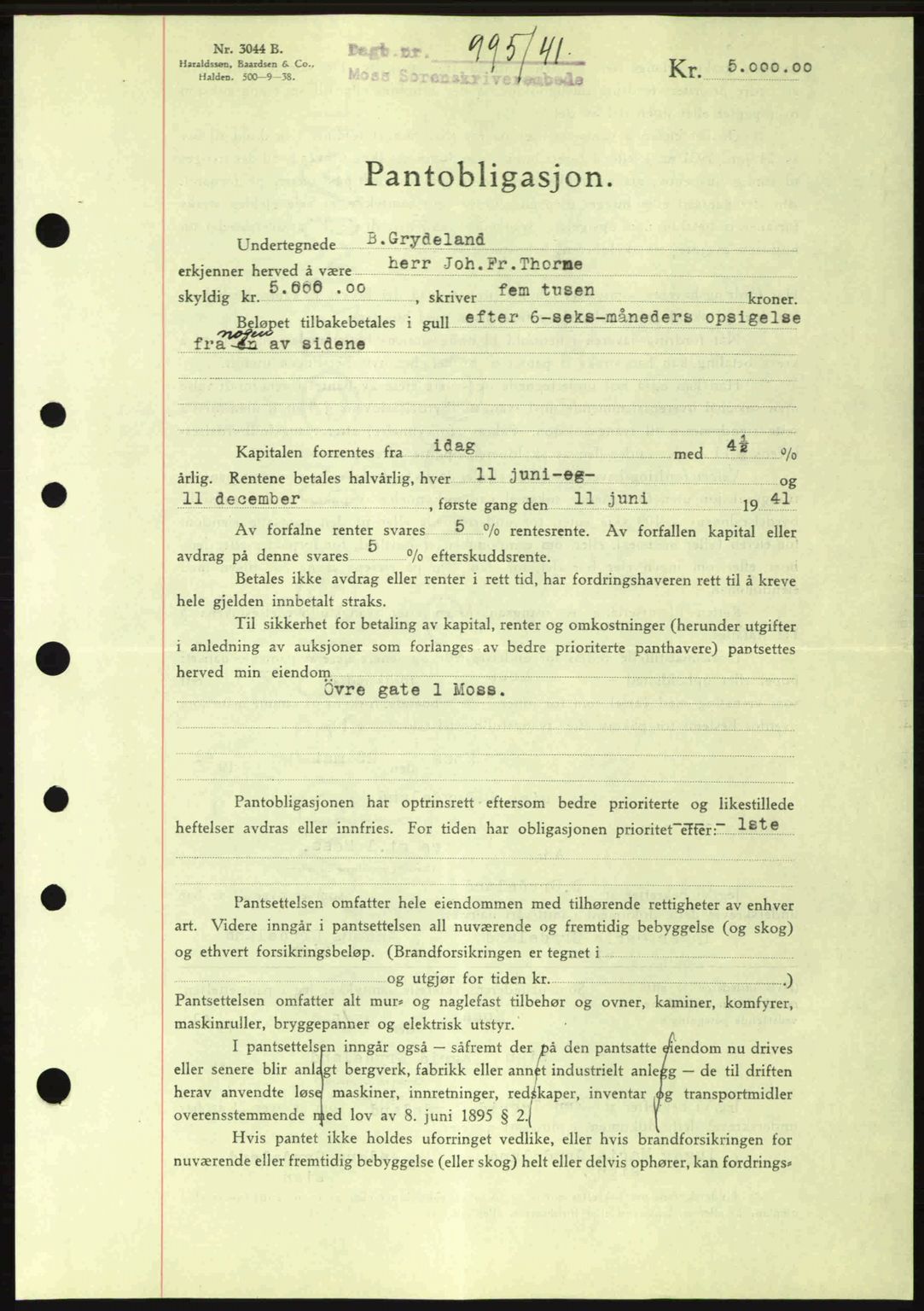 Moss sorenskriveri, SAO/A-10168: Pantebok nr. B10, 1940-1941, Dagboknr: 995/1941