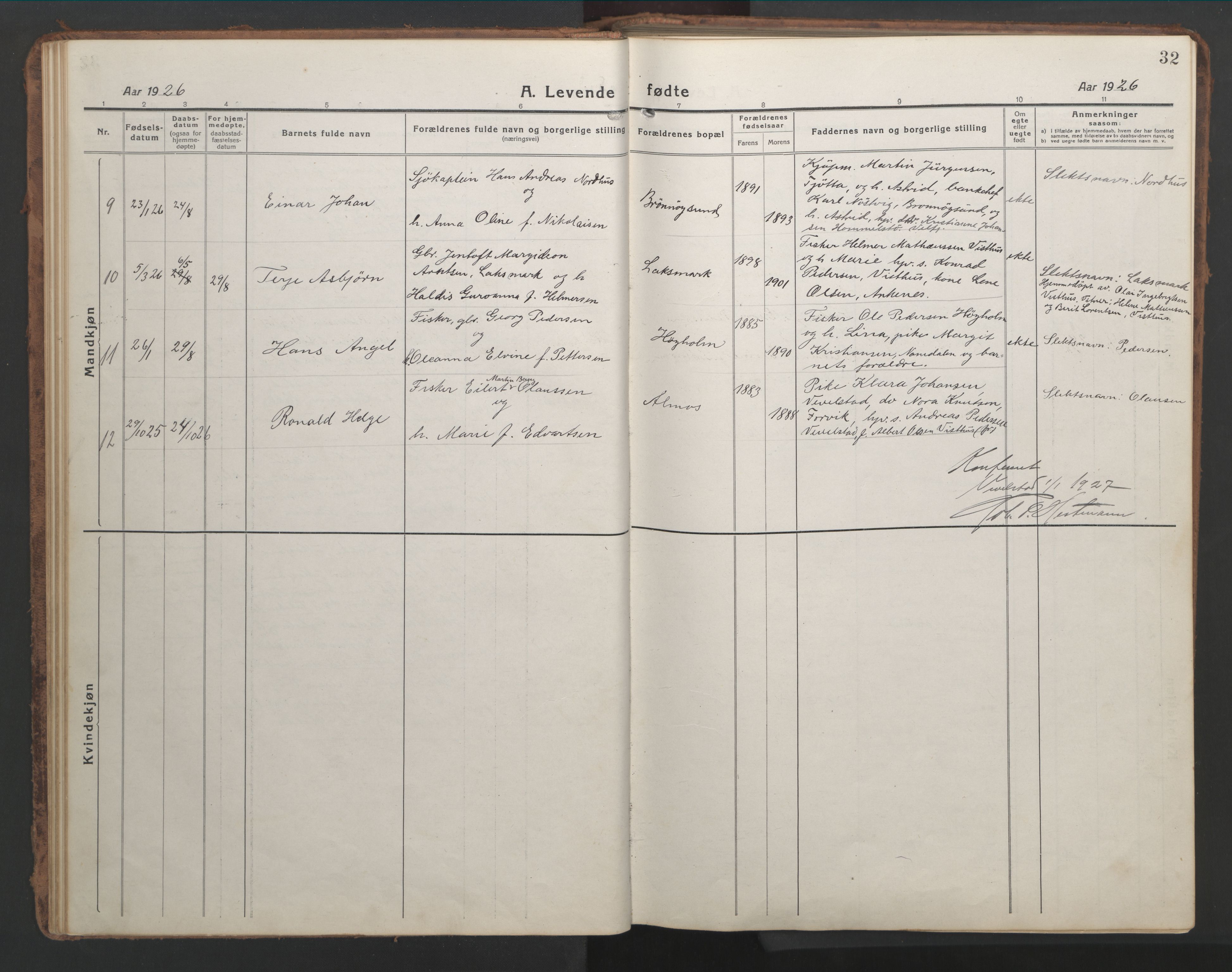 Ministerialprotokoller, klokkerbøker og fødselsregistre - Nordland, AV/SAT-A-1459/819/L0278: Klokkerbok nr. 819C04, 1917-1967, s. 32