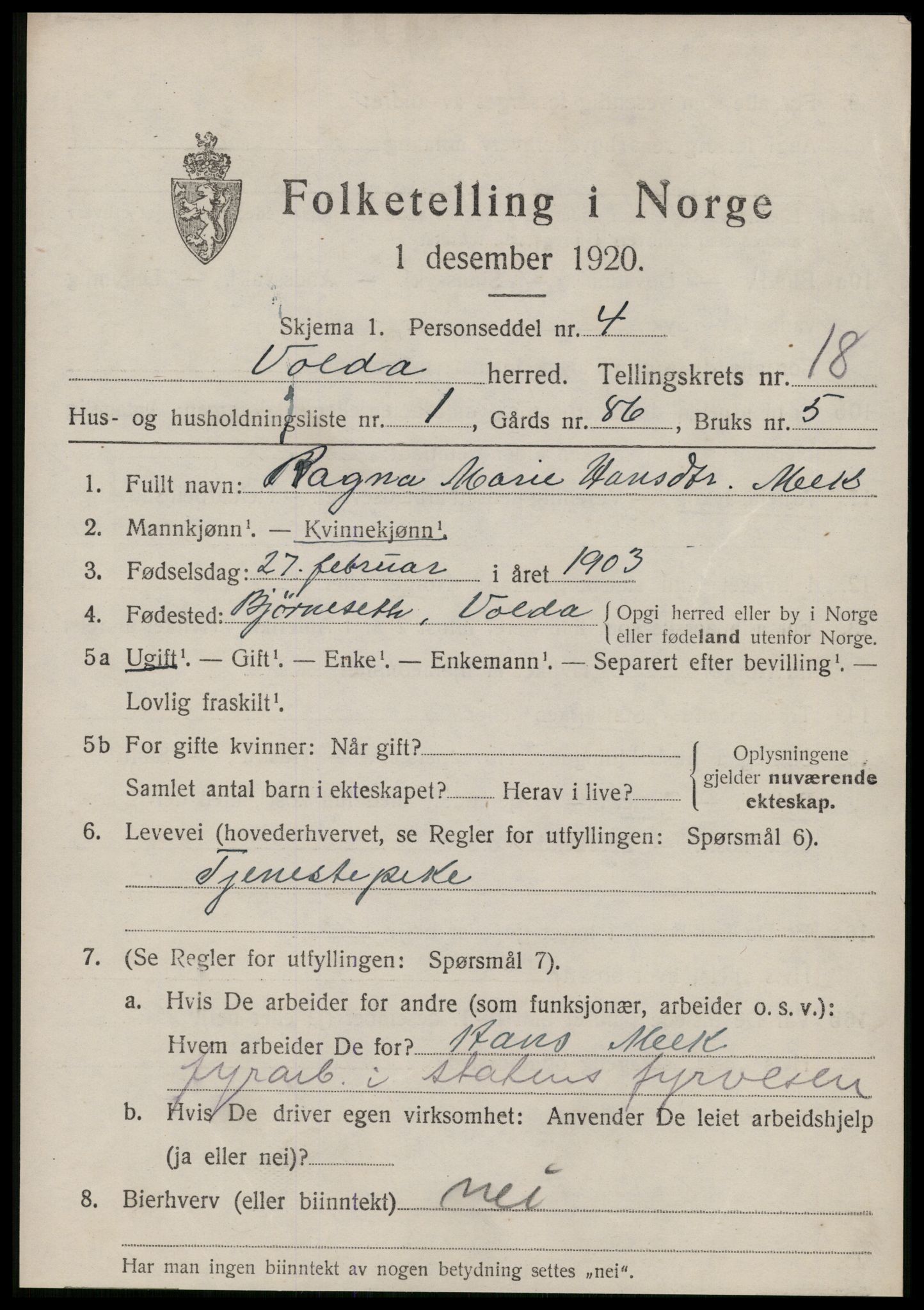 SAT, Folketelling 1920 for 1519 Volda herred, 1920, s. 9864