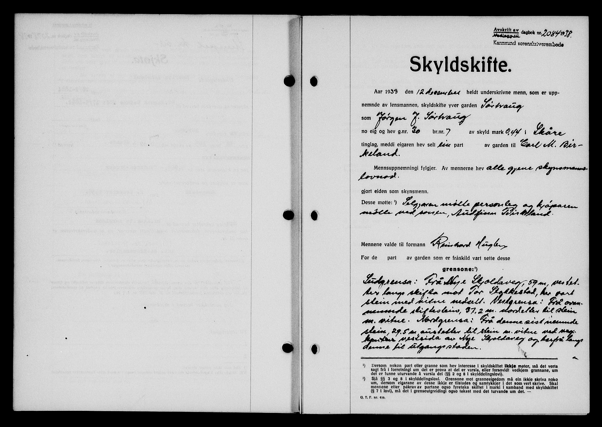 Karmsund sorenskriveri, SAST/A-100311/01/II/IIB/L0070: Pantebok nr. 51A, 1938-1939, Dagboknr: 2084/1938