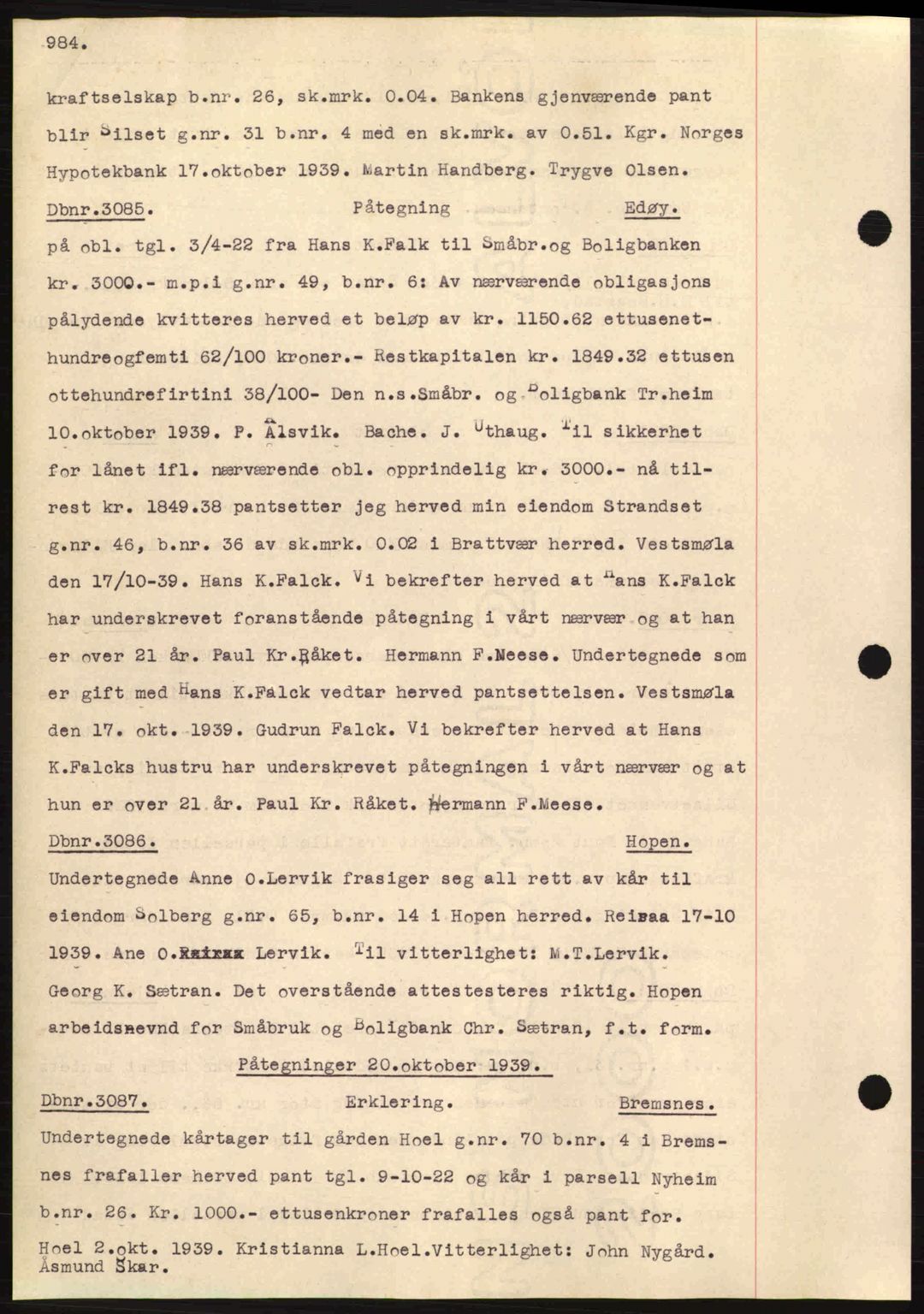 Nordmøre sorenskriveri, SAT/A-4132/1/2/2Ca: Pantebok nr. C80, 1936-1939, Dagboknr: 3085/1939