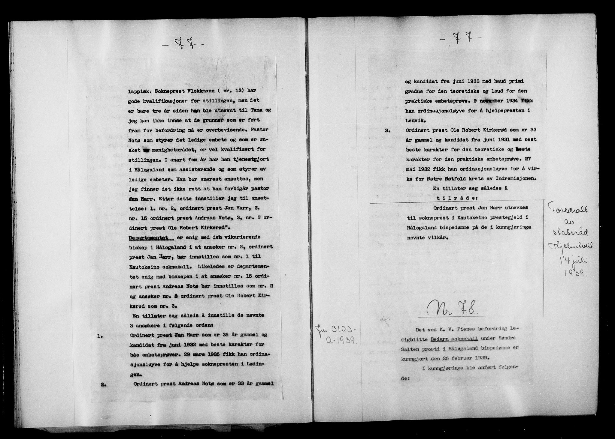 Kirke- og undervisningsdepartementet, Kontoret  for kirke og geistlighet A, AV/RA-S-1007/A/Aa/L0360: Referatprotokoll m/register, bd. 2. Ref.nr. 77-141, 1939