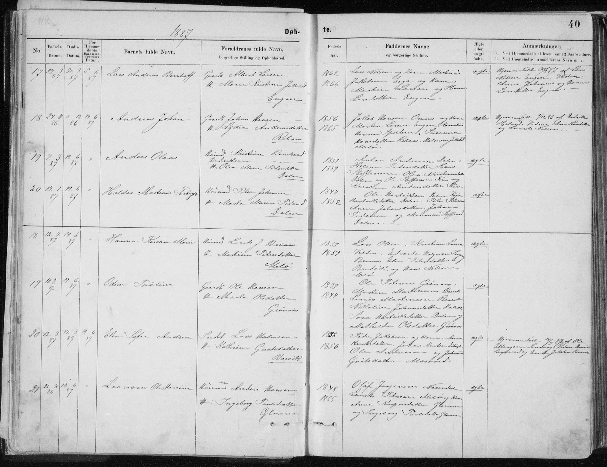 Ministerialprotokoller, klokkerbøker og fødselsregistre - Nordland, AV/SAT-A-1459/843/L0636: Klokkerbok nr. 843C05, 1884-1909, s. 40