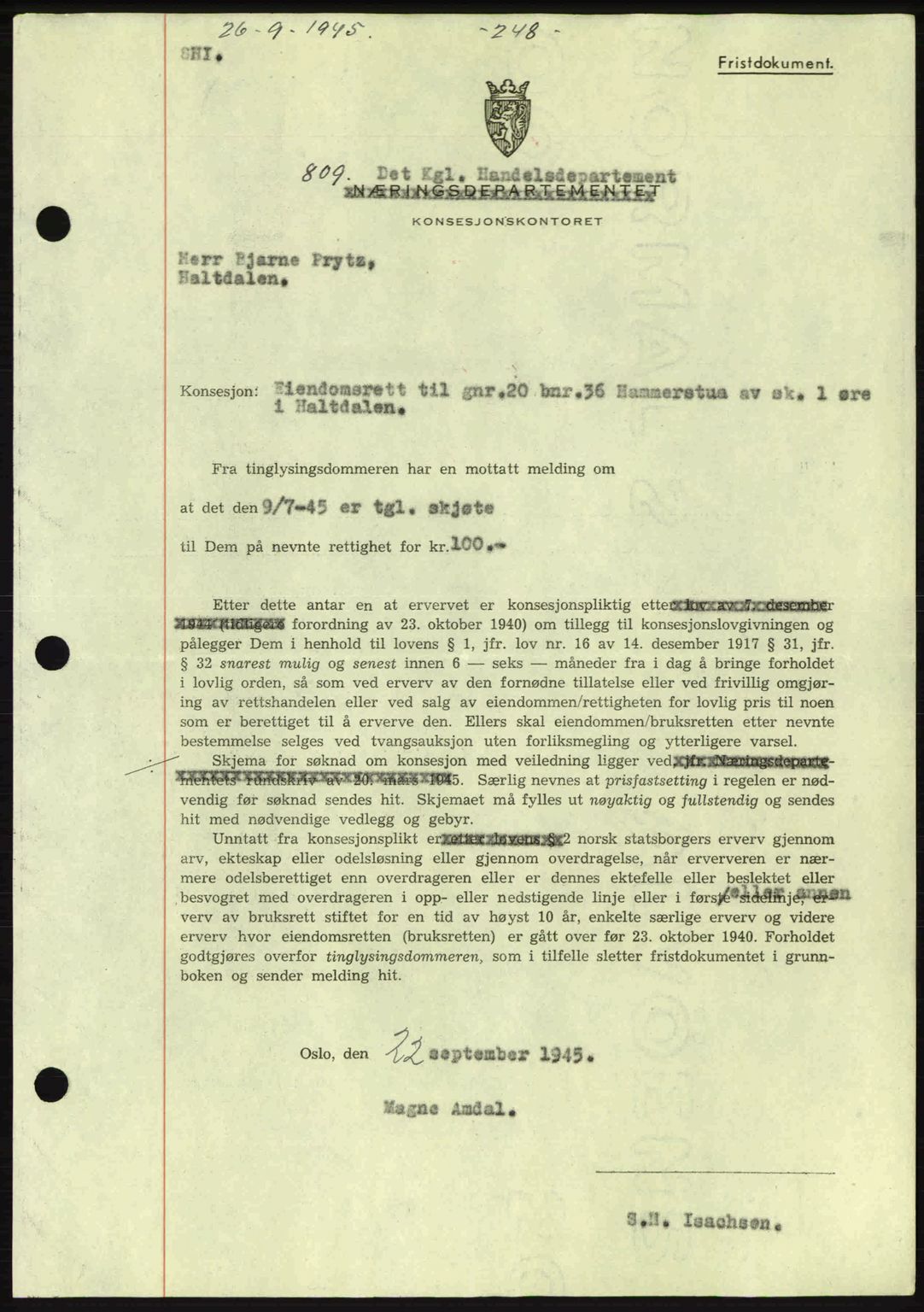 Gauldal sorenskriveri, SAT/A-0014/1/2/2C: Pantebok nr. A1a, 1945-1945, Dagboknr: 809/1945