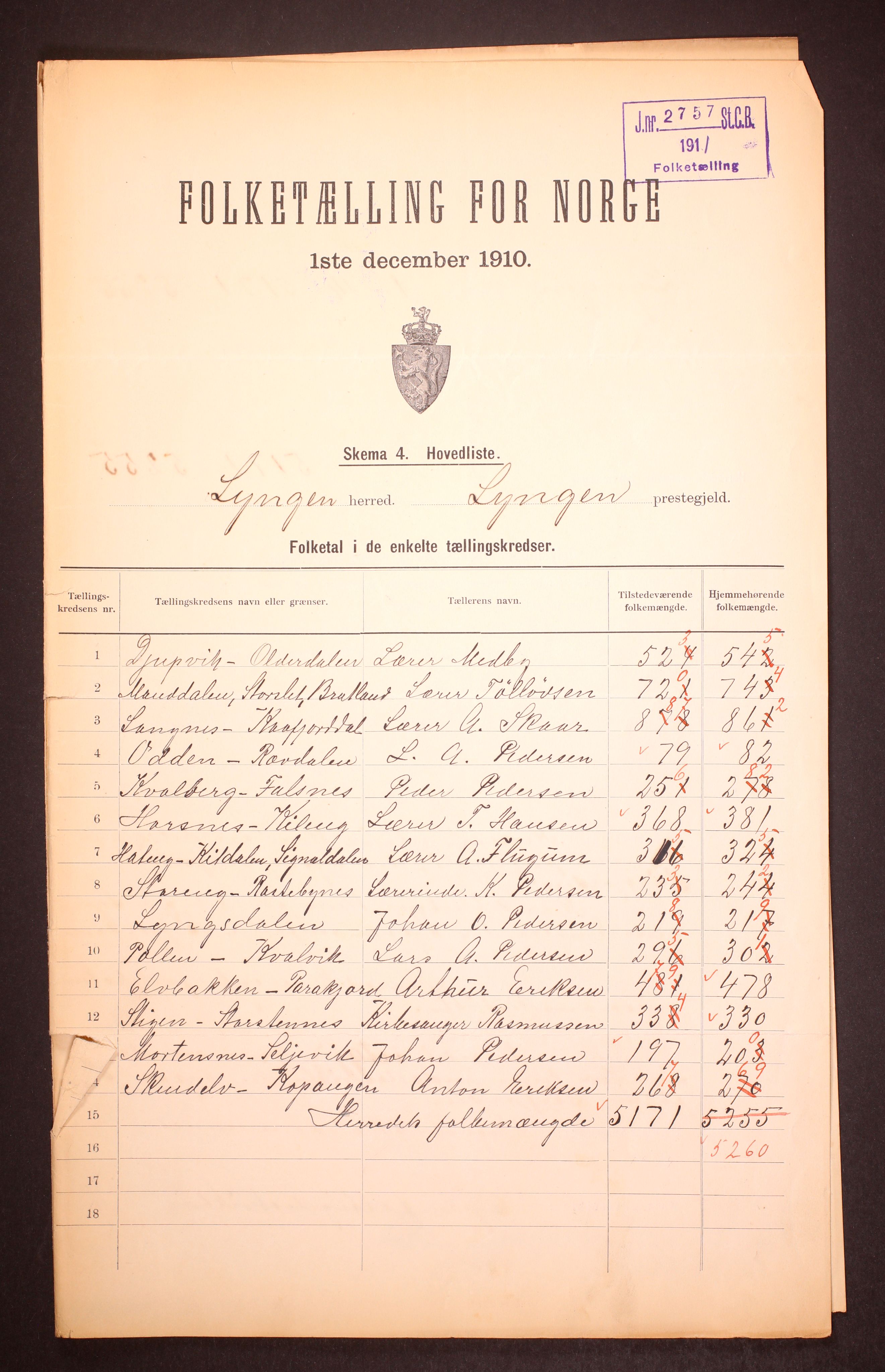 RA, Folketelling 1910 for 1938 Lyngen herred, 1910, s. 2