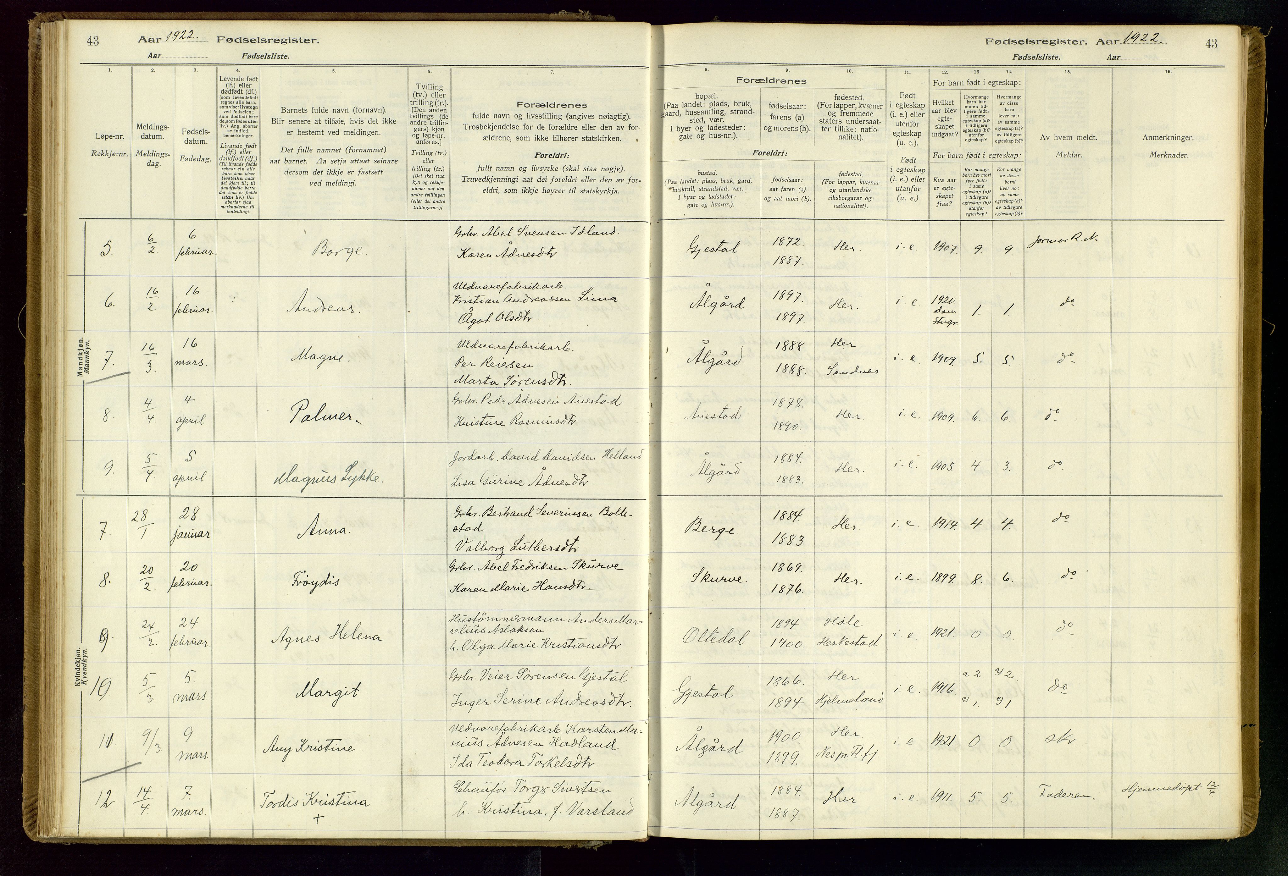 Gjesdal sokneprestkontor, AV/SAST-A-101796/002/O/L0001: Fødselsregister nr. 1, 1916-1949, s. 43