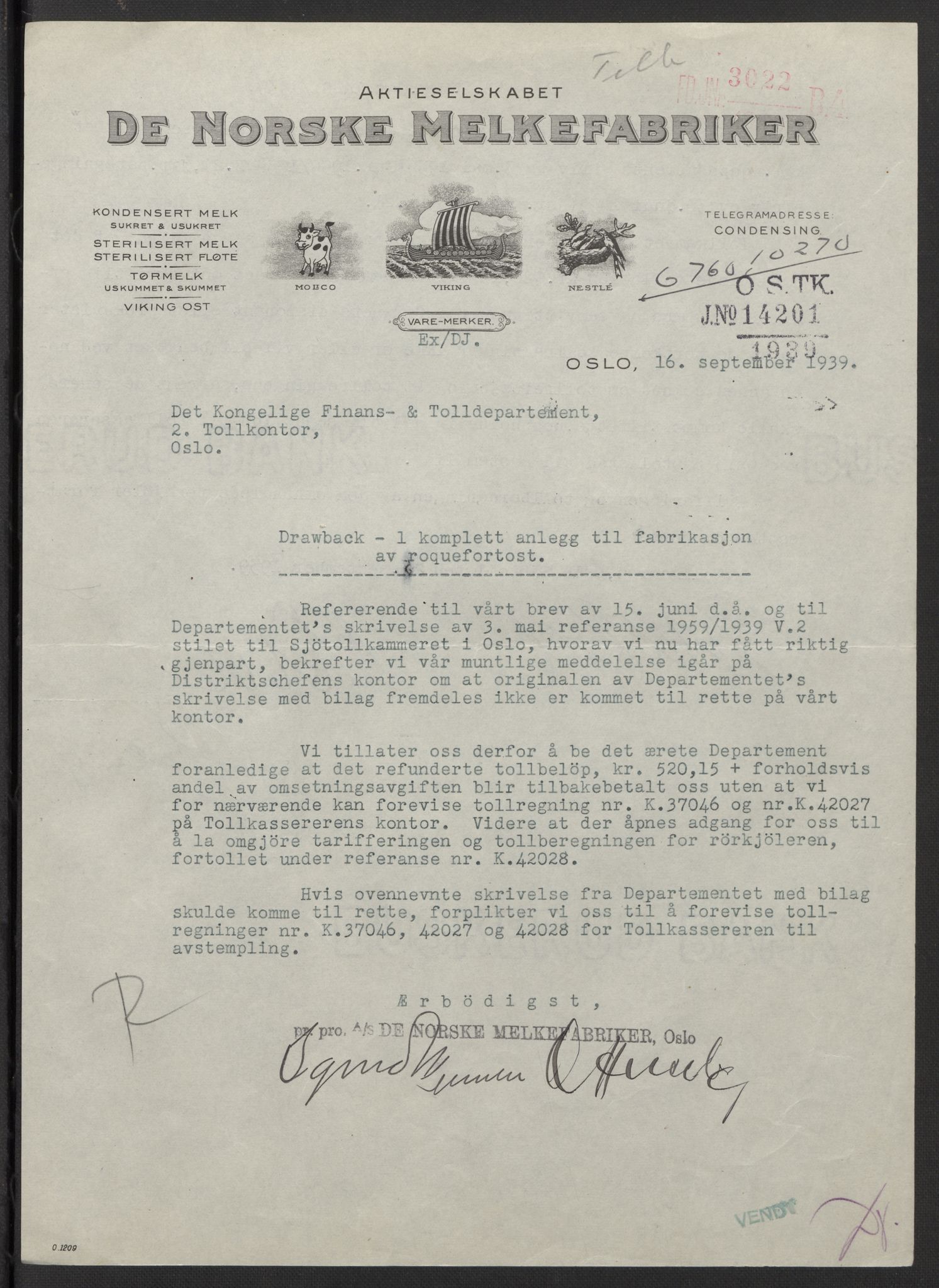 Finansdepartementet, Avgifts- og tollavdelingen, AV/RA-S-6642/E/Ee/L0092/0006: Diverse eldre dokumenter / Bortkomne tollkvitteringer, 1939-1948
