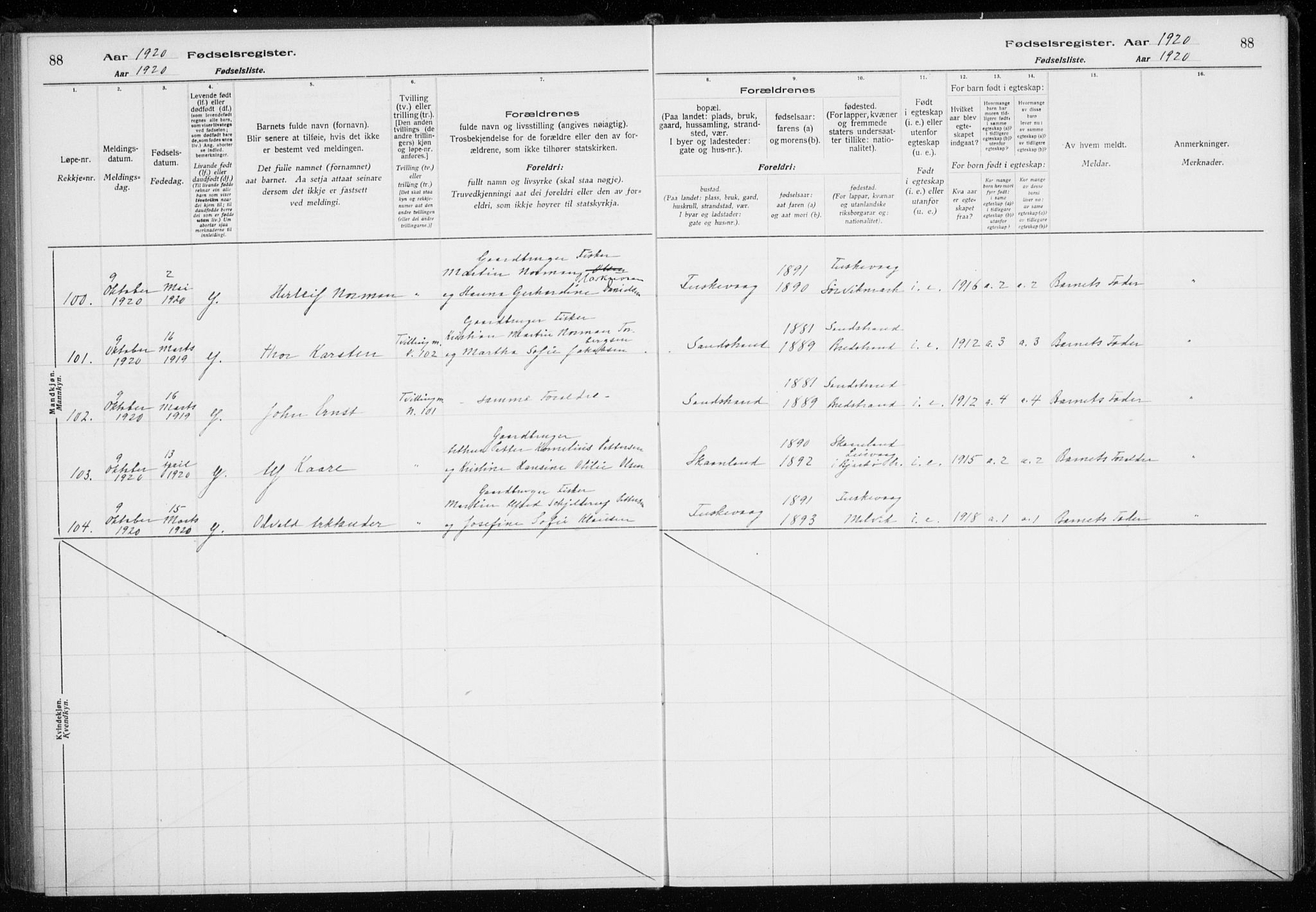 Trondenes sokneprestkontor, AV/SATØ-S-1319/I/Ia/L0089: Fødselsregister nr. 89, 1916-1925, s. 88