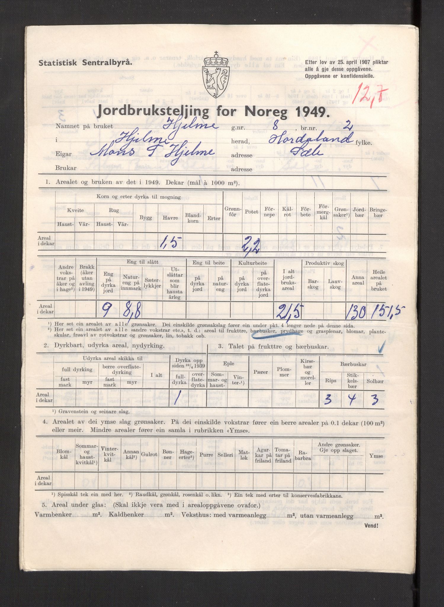 Statistisk sentralbyrå, Næringsøkonomiske emner, Jordbruk, skogbruk, jakt, fiske og fangst, AV/RA-S-2234/G/Gc/L0276: Hordaland: Herdla og Hjelme, 1949, s. 1330