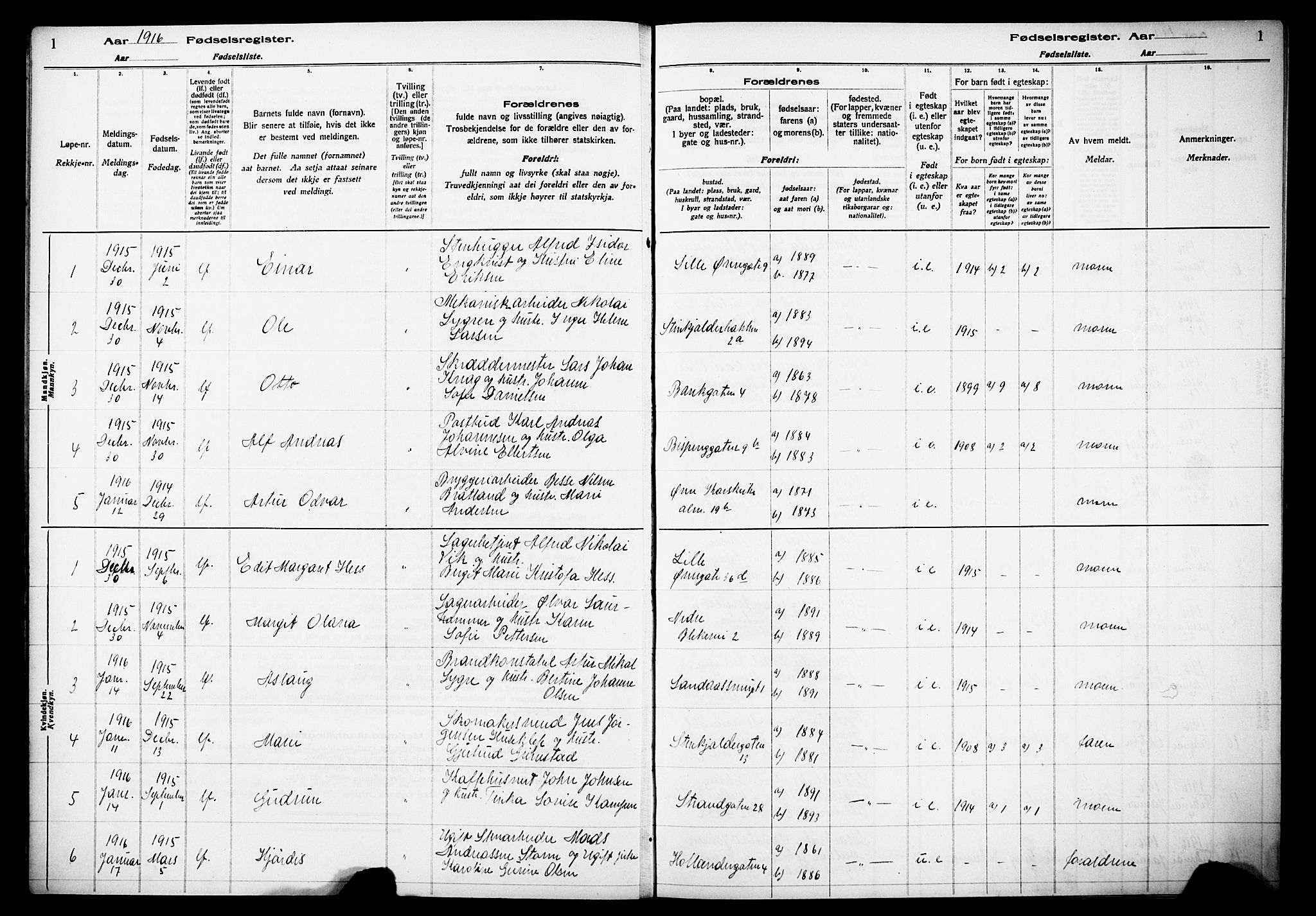 Korskirken sokneprestembete, AV/SAB-A-76101/I/Id/L00A1: Fødselsregister nr. A 1, 1916-1929, s. 1