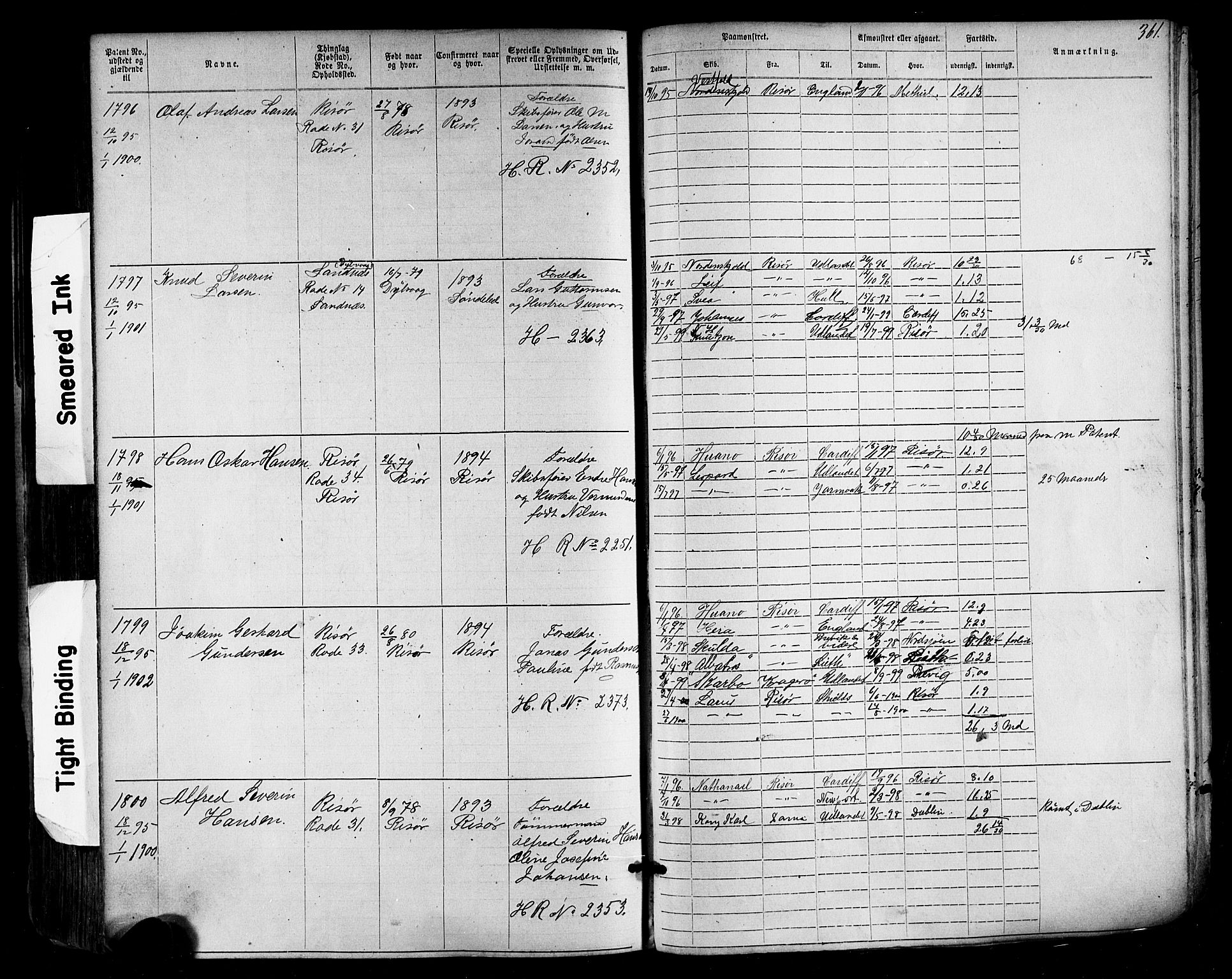 Risør mønstringskrets, SAK/2031-0010/F/Fa/L0003: Annotasjonsrulle nr 1-1913 med register, T-7, 1863-1899, s. 303