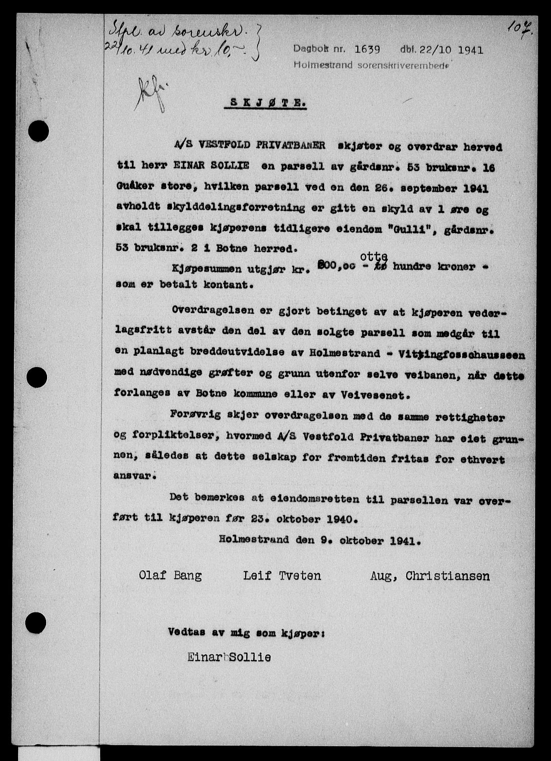 Holmestrand sorenskriveri, SAKO/A-67/G/Ga/Gaa/L0054: Pantebok nr. A-54, 1941-1942, Dagboknr: 1639/1941