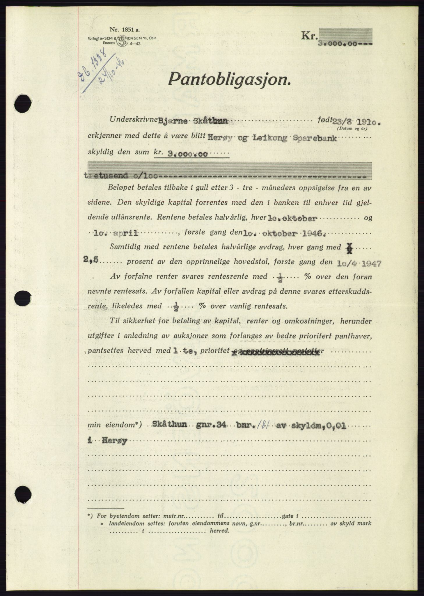 Søre Sunnmøre sorenskriveri, AV/SAT-A-4122/1/2/2C/L0114: Pantebok nr. 1-2B, 1943-1947, Dagboknr: 1338/1946