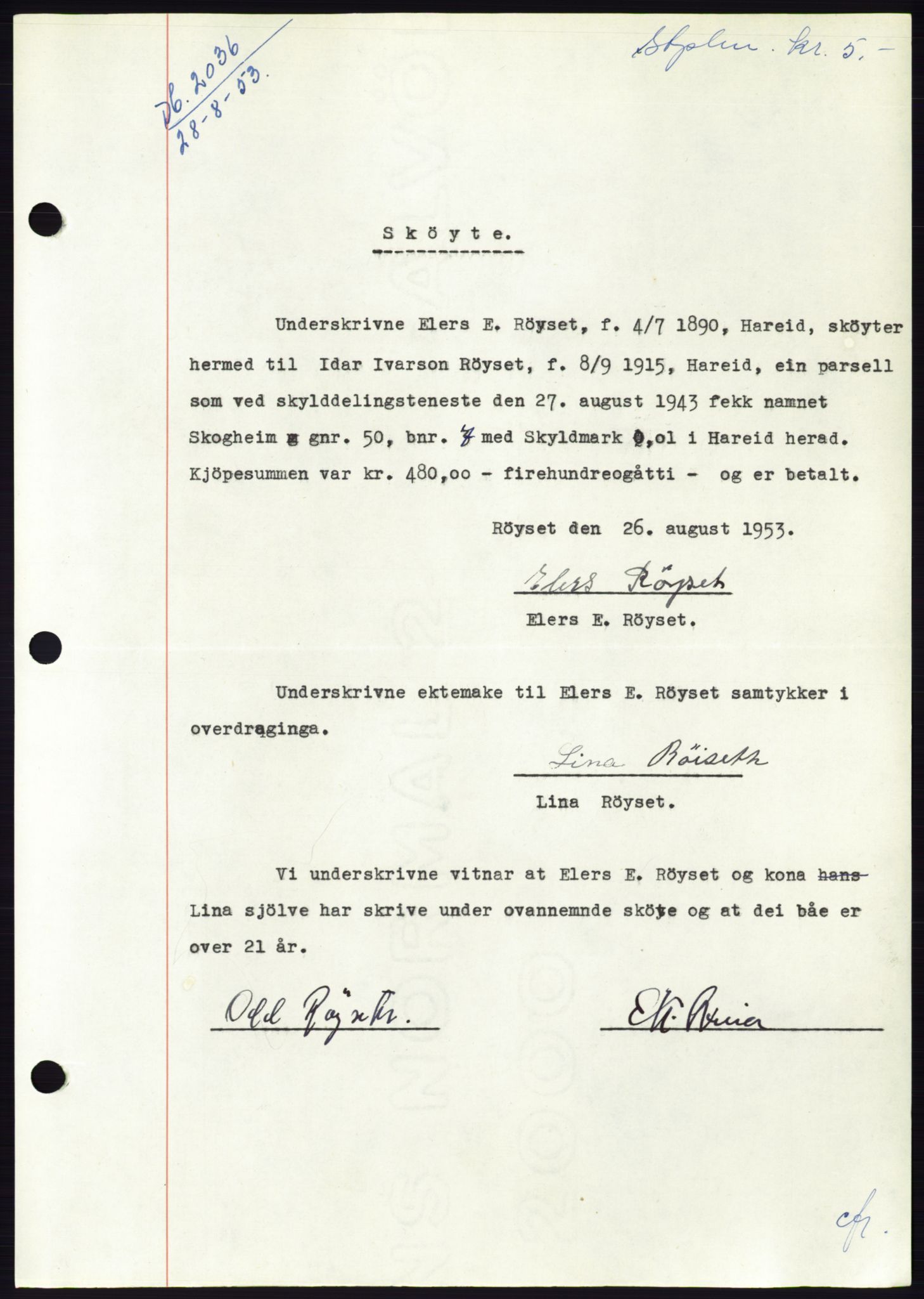 Søre Sunnmøre sorenskriveri, AV/SAT-A-4122/1/2/2C/L0095: Pantebok nr. 21A, 1953-1953, Dagboknr: 2036/1953