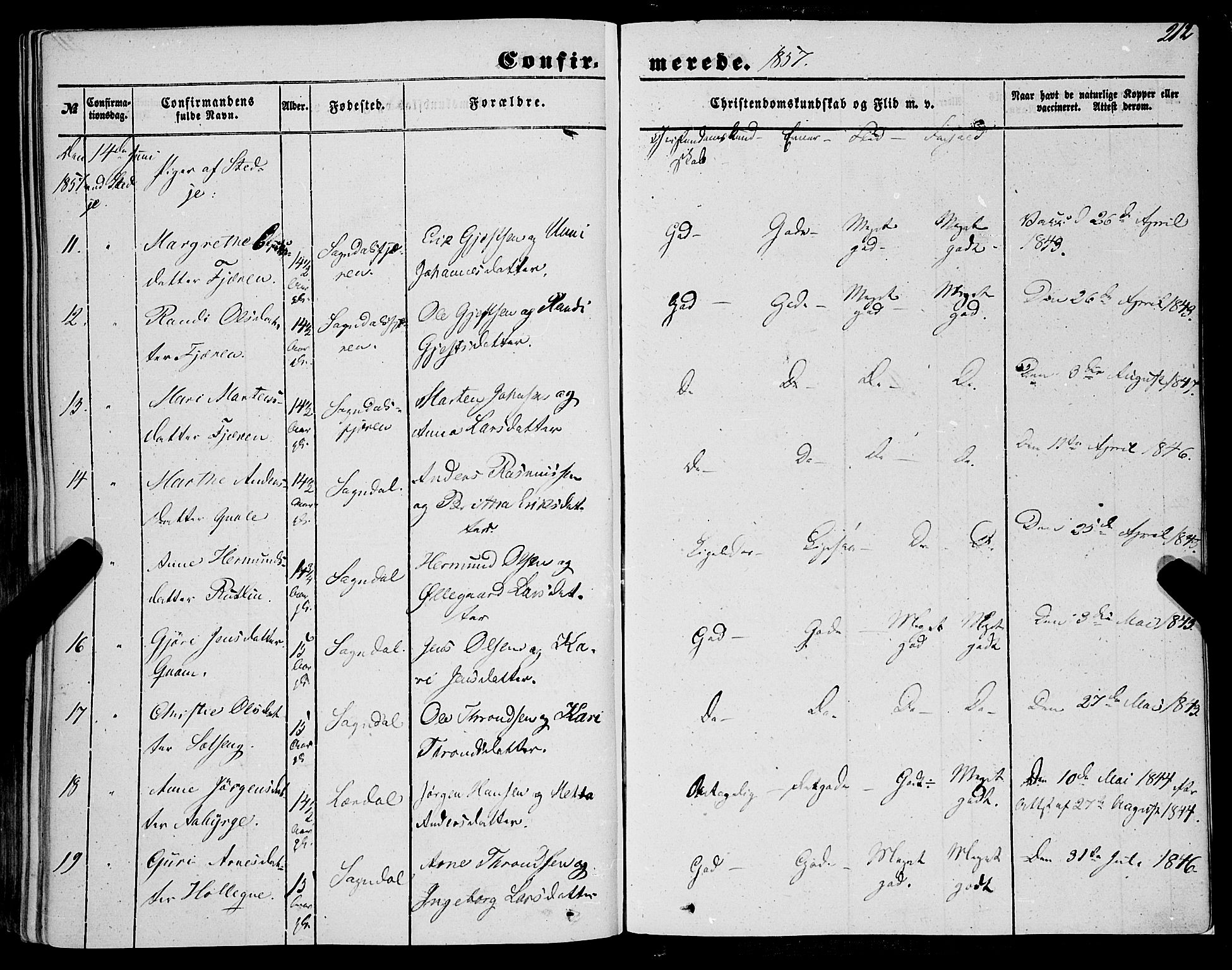 Sogndal sokneprestembete, AV/SAB-A-81301/H/Haa/Haaa/L0012I: Ministerialbok nr. A 12I, 1847-1859, s. 212