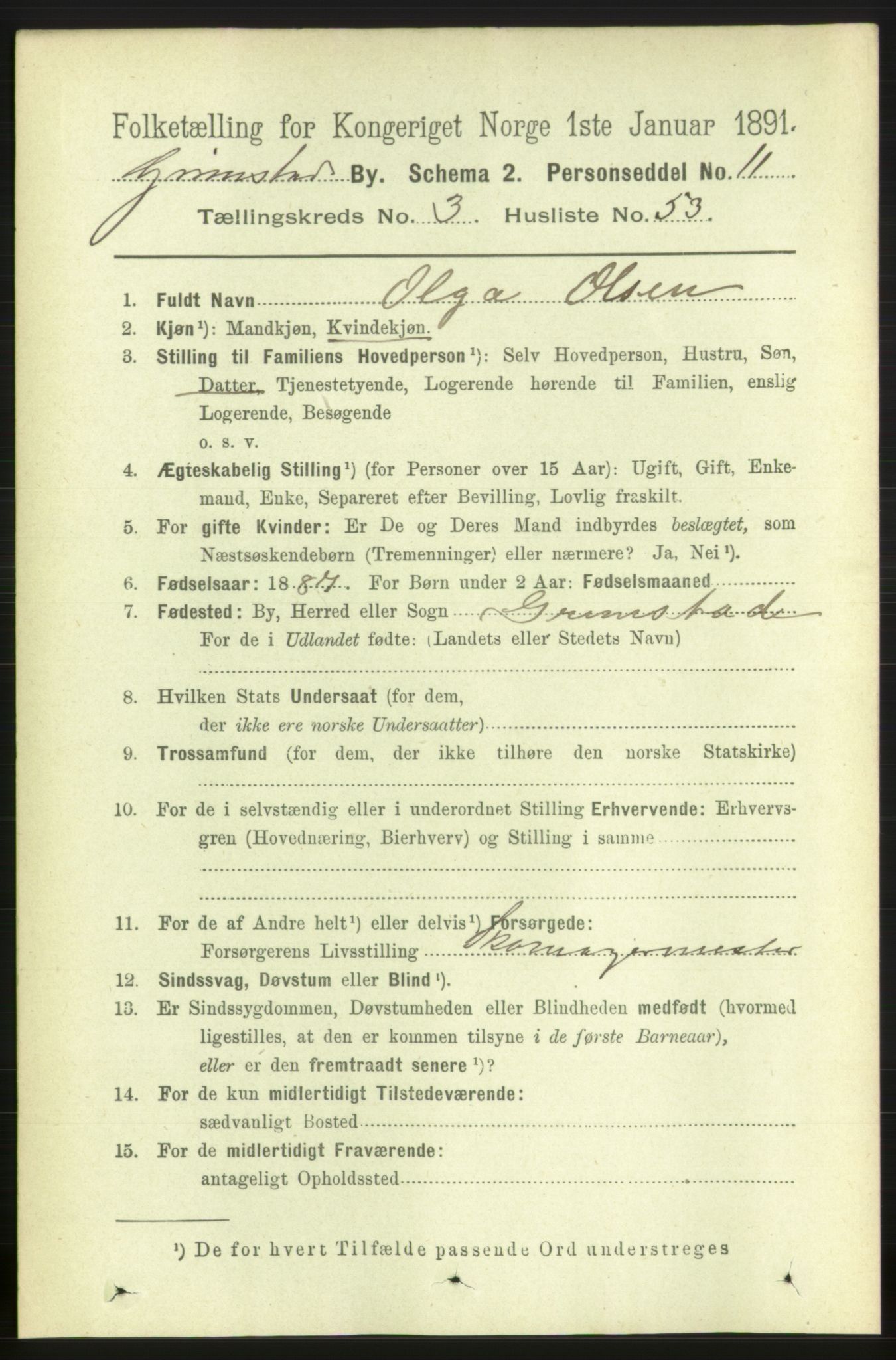 RA, Folketelling 1891 for 0904 Grimstad kjøpstad, 1891, s. 2442
