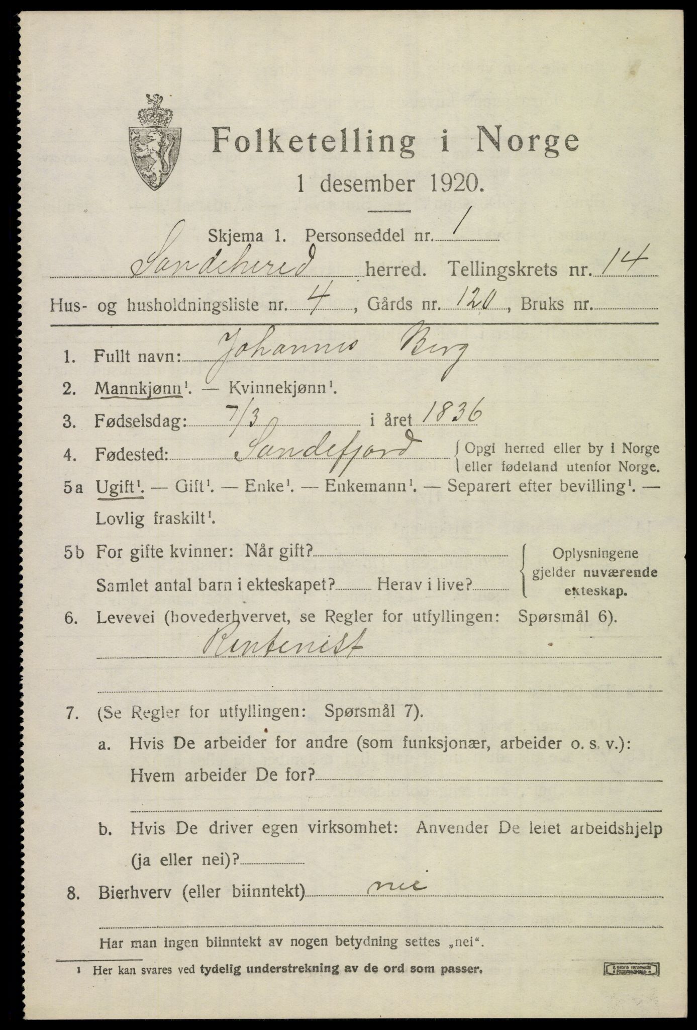 SAKO, Folketelling 1920 for 0724 Sandeherred herred, 1920, s. 20228