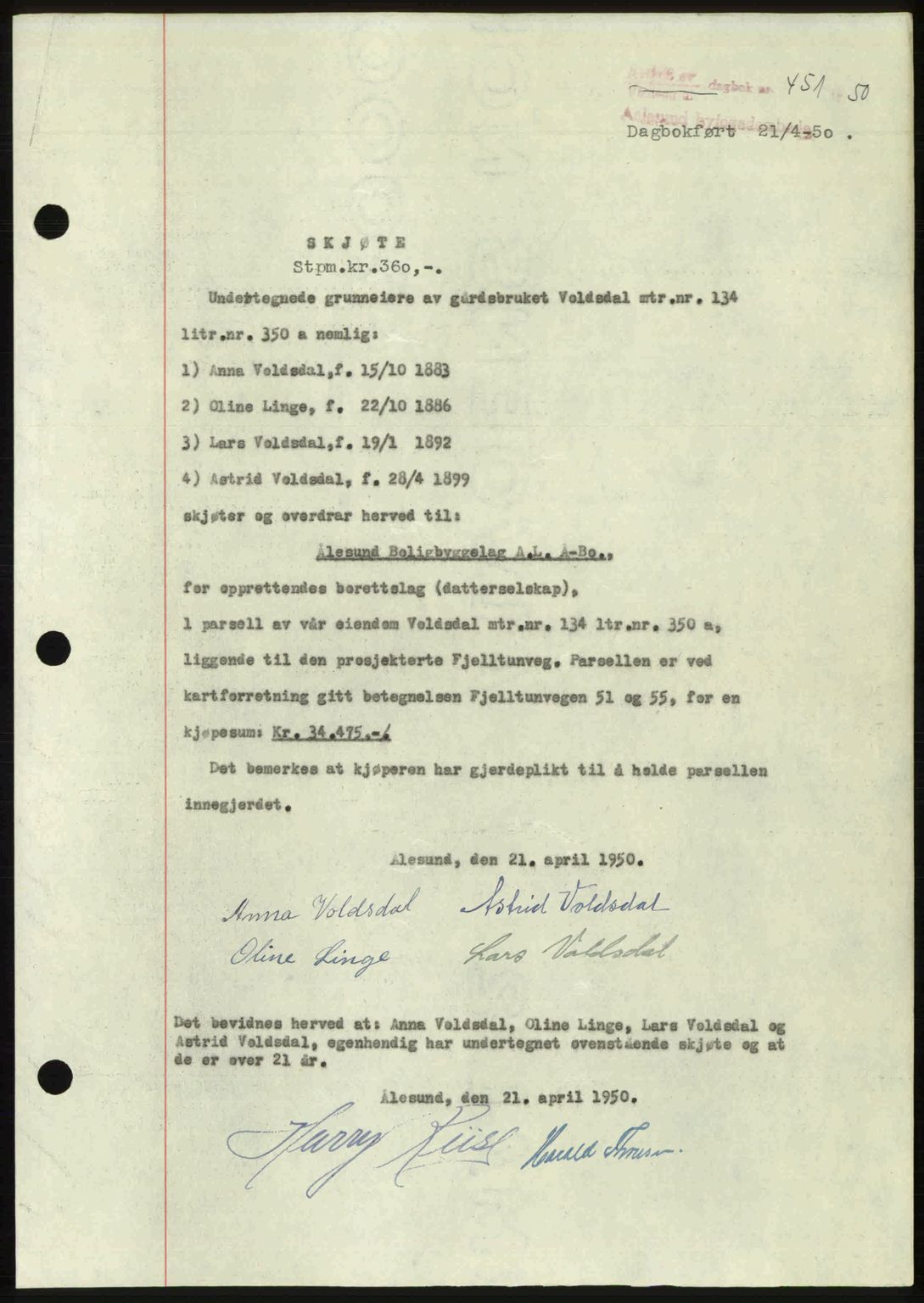 Ålesund byfogd, AV/SAT-A-4384: Pantebok nr. 37A (2), 1949-1950, Dagboknr: 451/1950