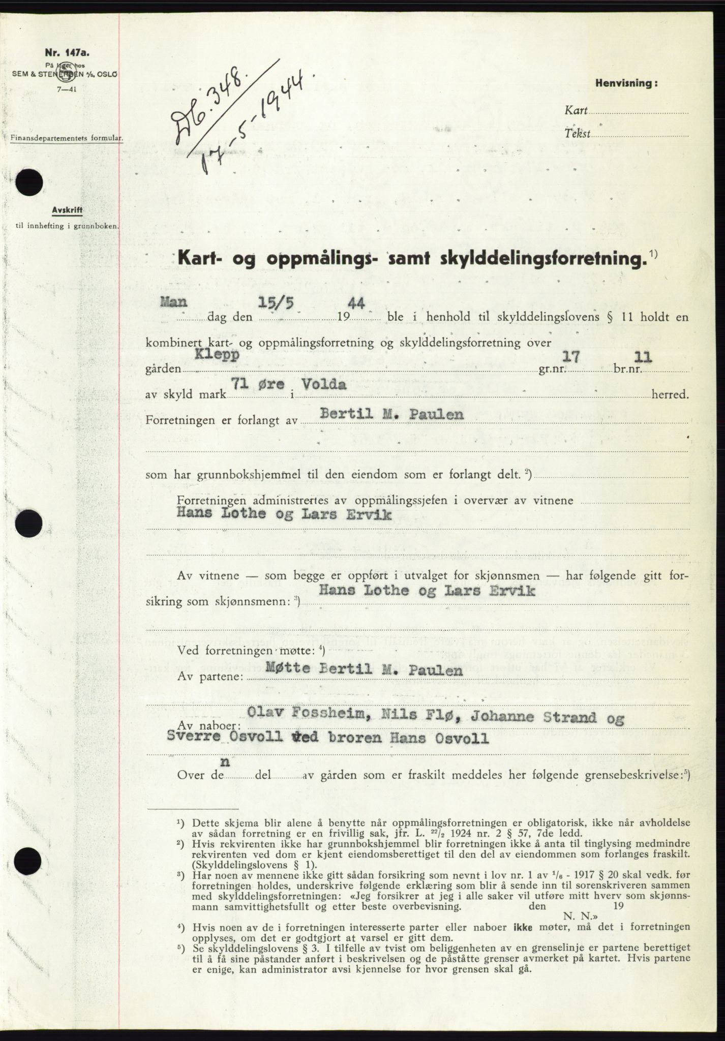 Søre Sunnmøre sorenskriveri, SAT/A-4122/1/2/2C/L0076: Pantebok nr. 2A, 1943-1944, Dagboknr: 348/1944