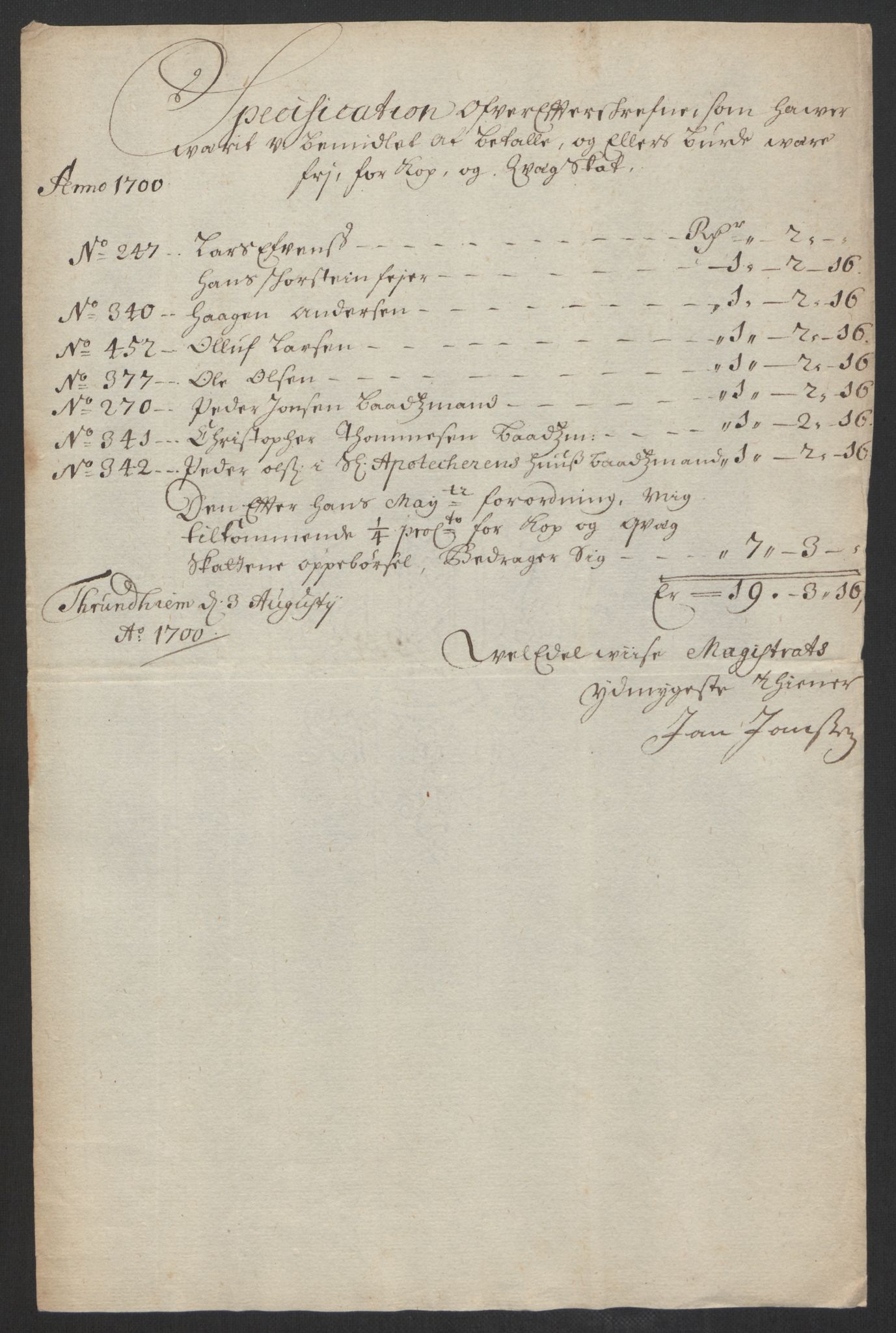 Rentekammeret inntil 1814, Reviderte regnskaper, Byregnskaper, AV/RA-EA-4066/R/Rs/L0507: [S3] Kontribusjonsregnskap, 1699-1711, s. 16