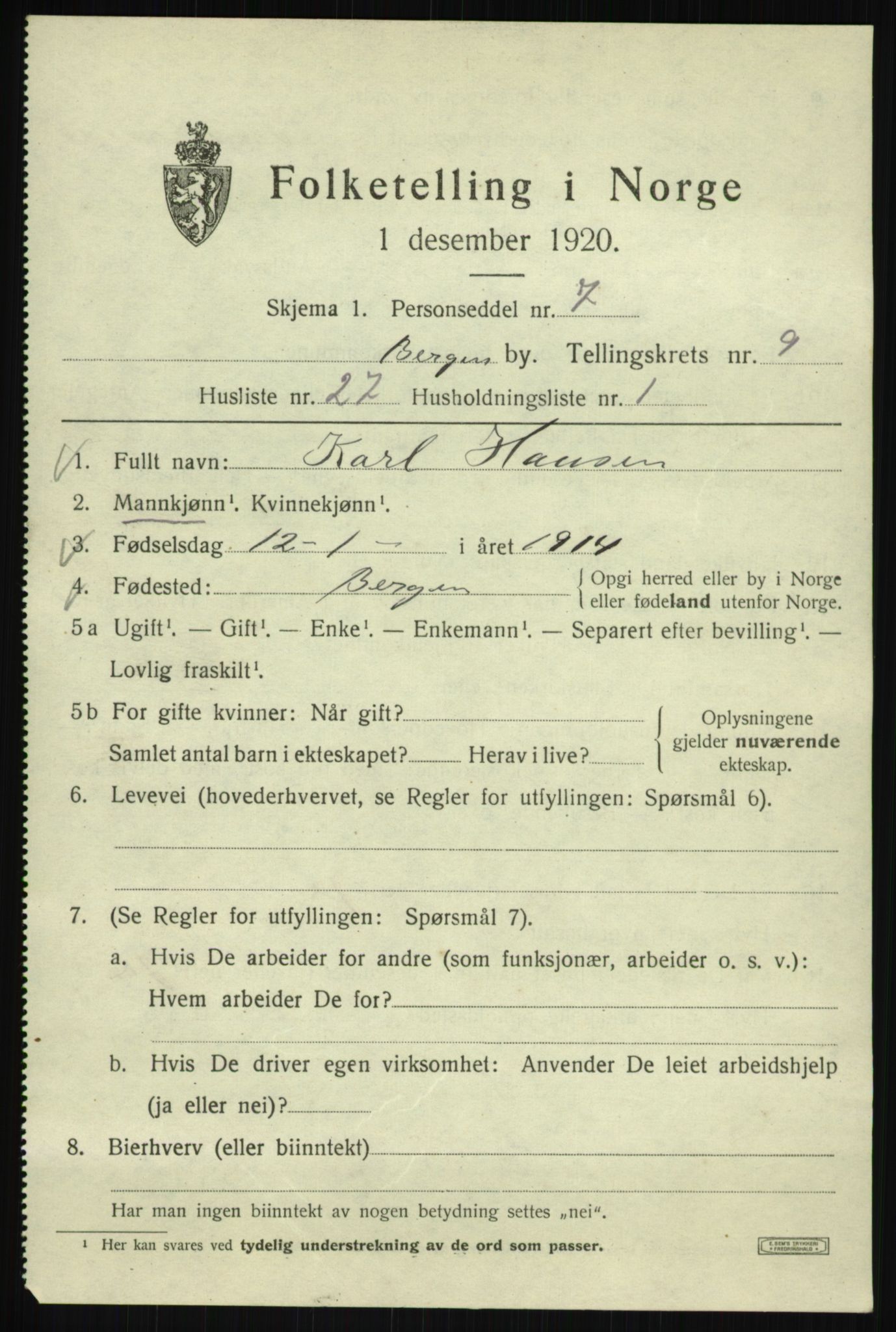 SAB, Folketelling 1920 for 1301 Bergen kjøpstad, 1920, s. 71157