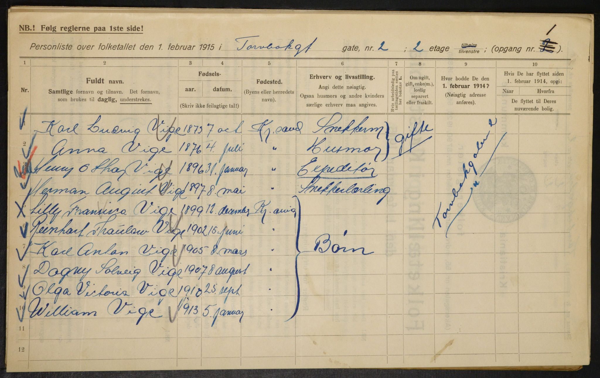 OBA, Kommunal folketelling 1.2.1915 for Kristiania, 1915, s. 115323