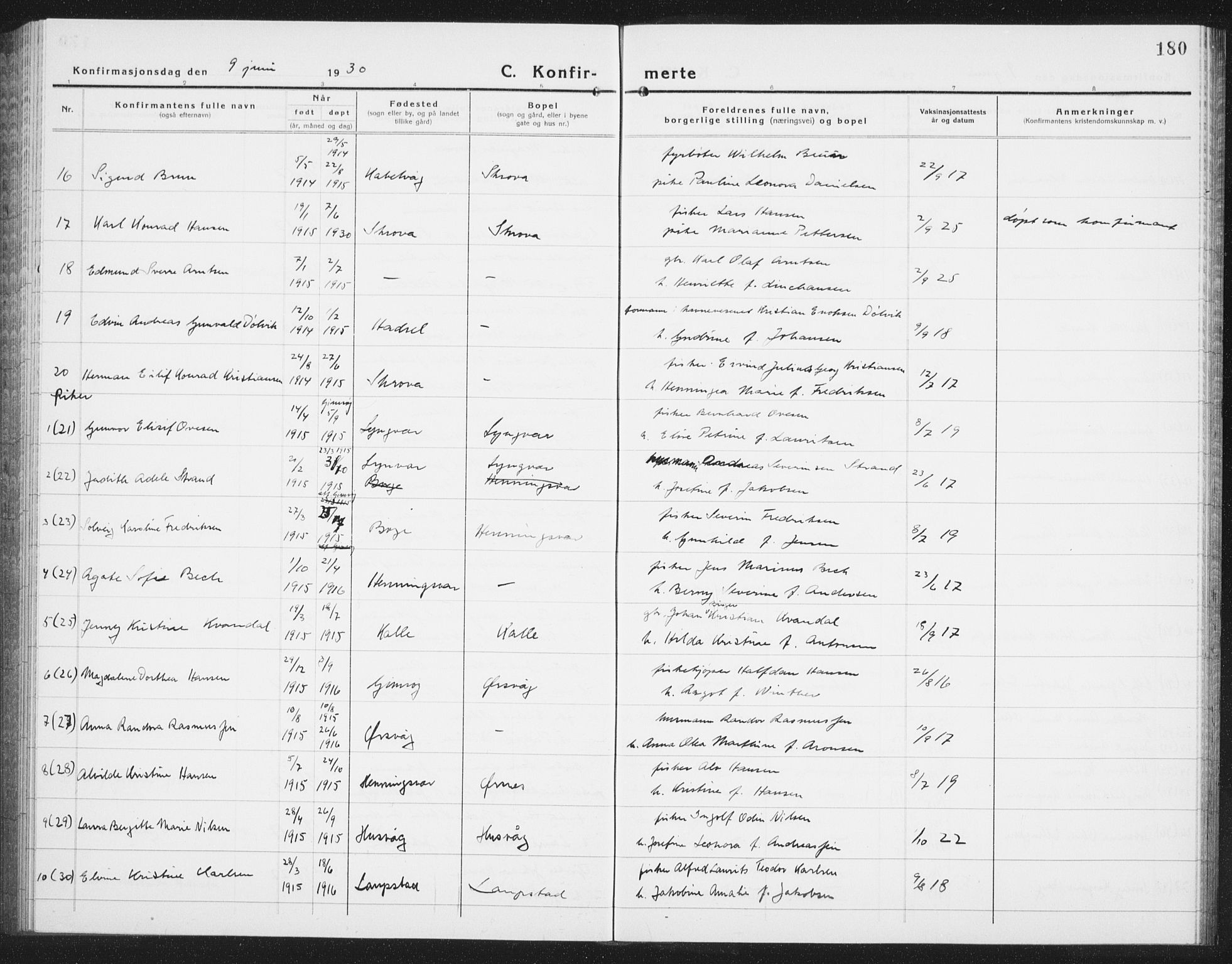 Ministerialprotokoller, klokkerbøker og fødselsregistre - Nordland, AV/SAT-A-1459/874/L1081: Klokkerbok nr. 874C10, 1925-1941, s. 180