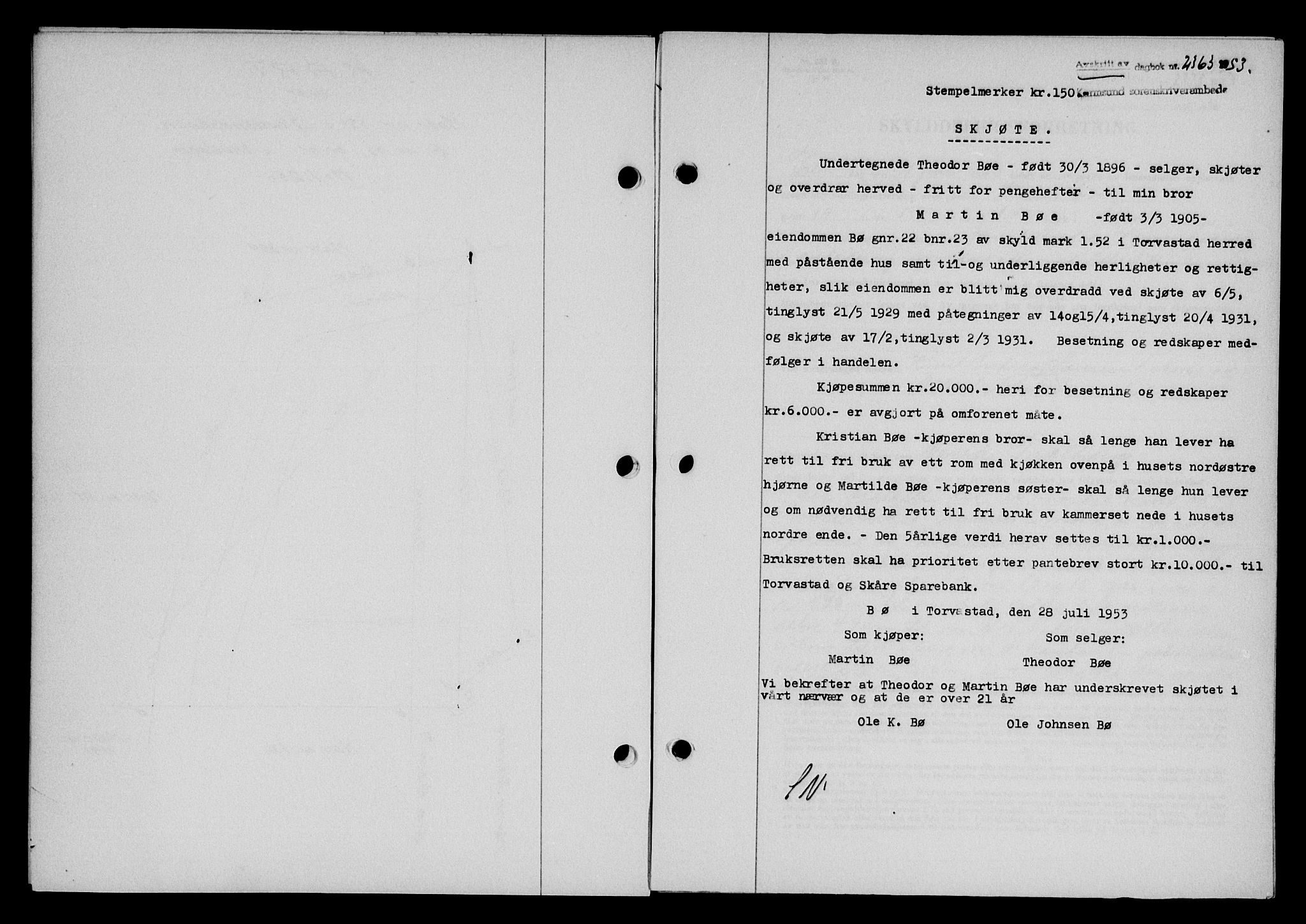 Karmsund sorenskriveri, SAST/A-100311/01/II/IIB/L0109: Pantebok nr. 89A, 1953-1953, Dagboknr: 2363/1953