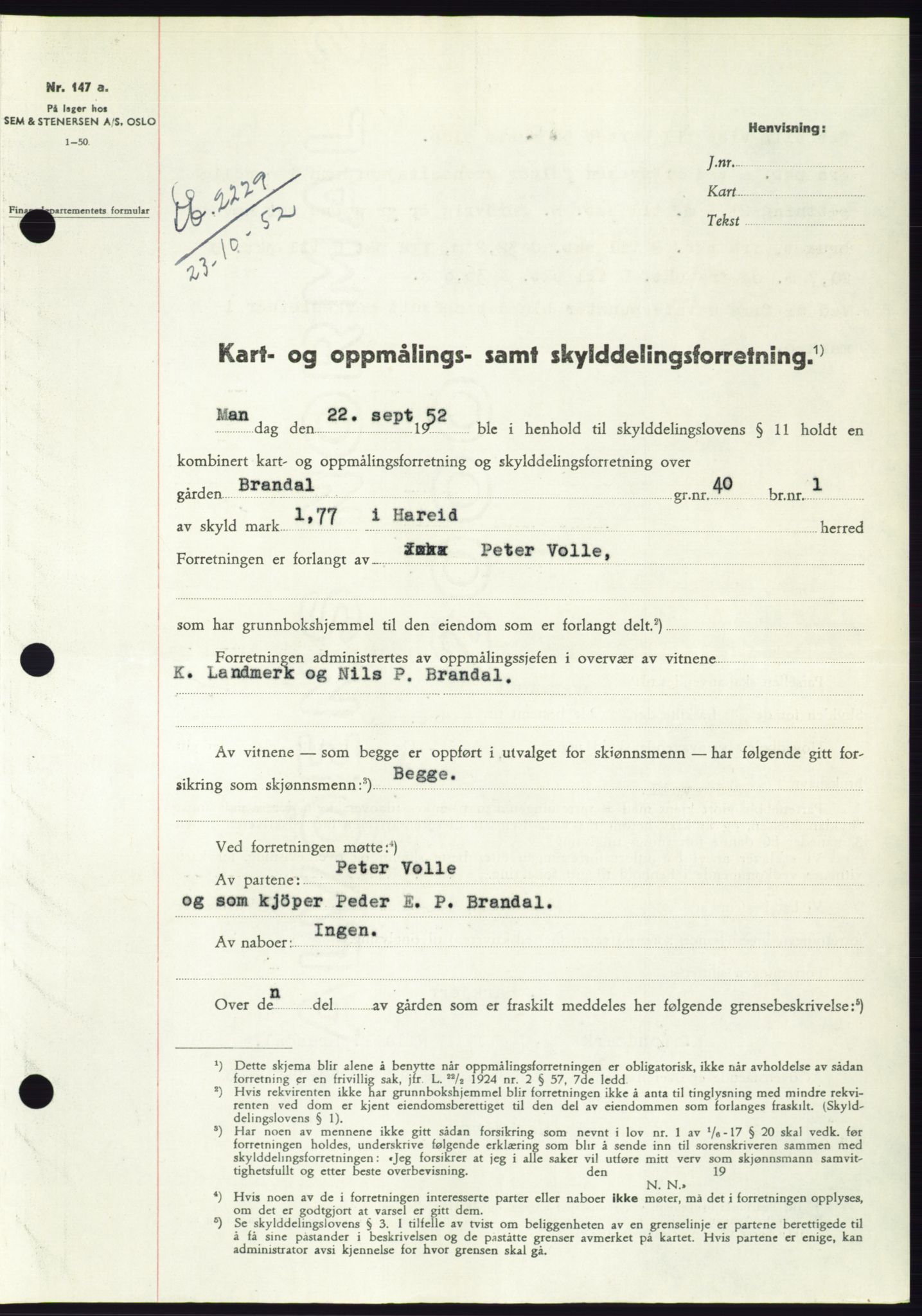 Søre Sunnmøre sorenskriveri, SAT/A-4122/1/2/2C/L0093: Pantebok nr. 19A, 1952-1953, Dagboknr: 2229/1952