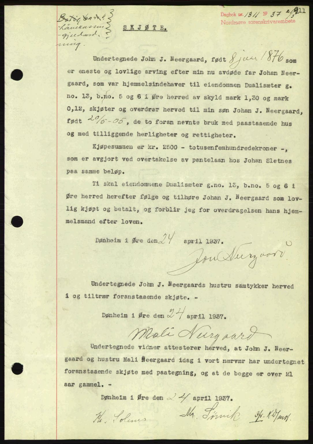 Nordmøre sorenskriveri, SAT/A-4132/1/2/2Ca: Pantebok nr. A81, 1937-1937, Dagboknr: 1311/1937