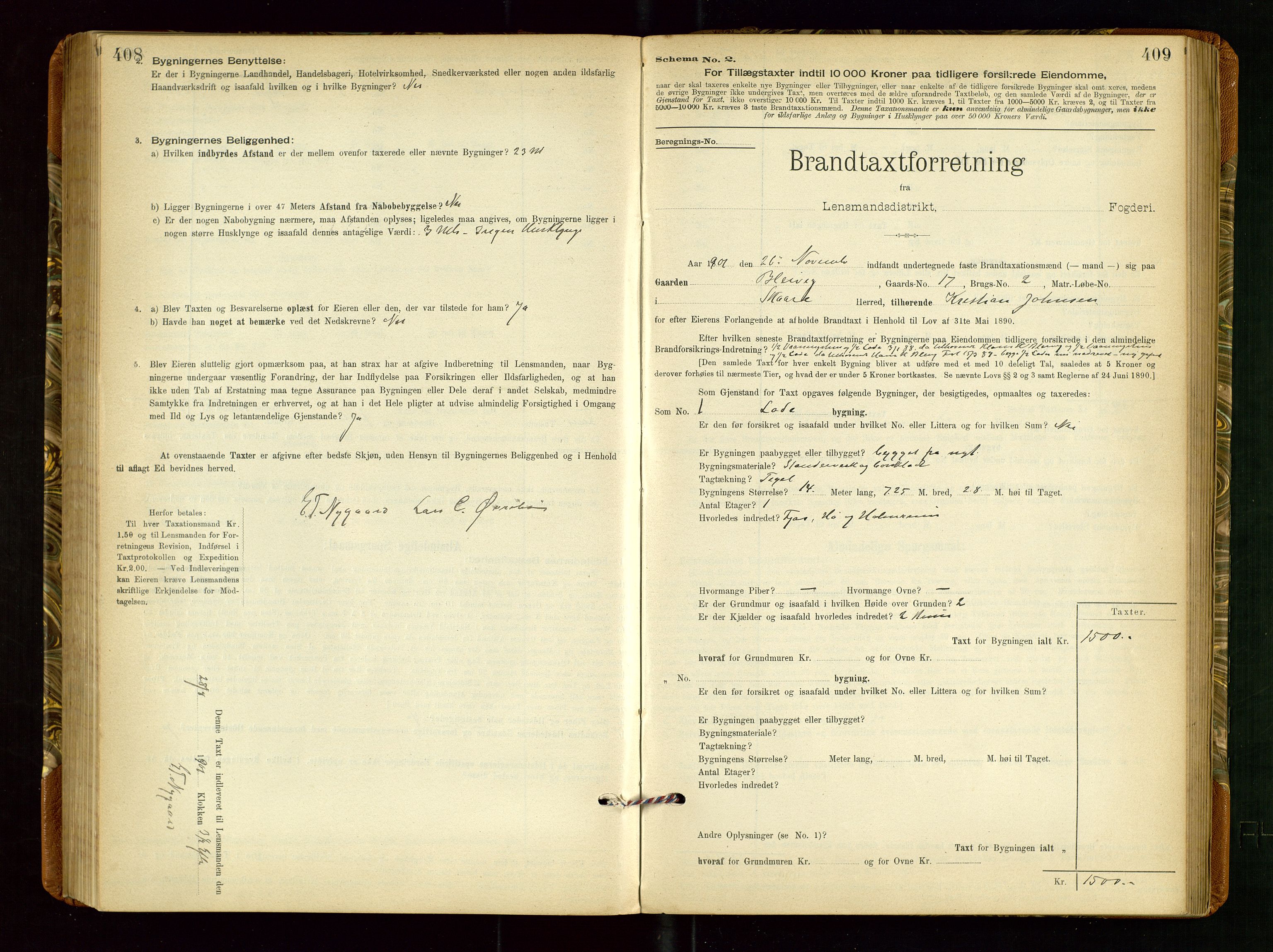 Torvestad lensmannskontor, AV/SAST-A-100307/1/Gob/L0002: "Brandtakstprotokol for Lensmanden i Torvestad", 1900-1905, s. 408-409