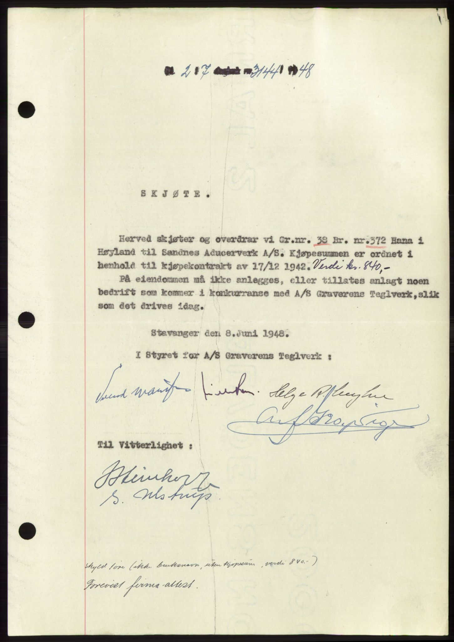 Jæren sorenskriveri, SAST/A-100310/03/G/Gba/L0099: Pantebok, 1948-1948, Dagboknr: 3144/1948
