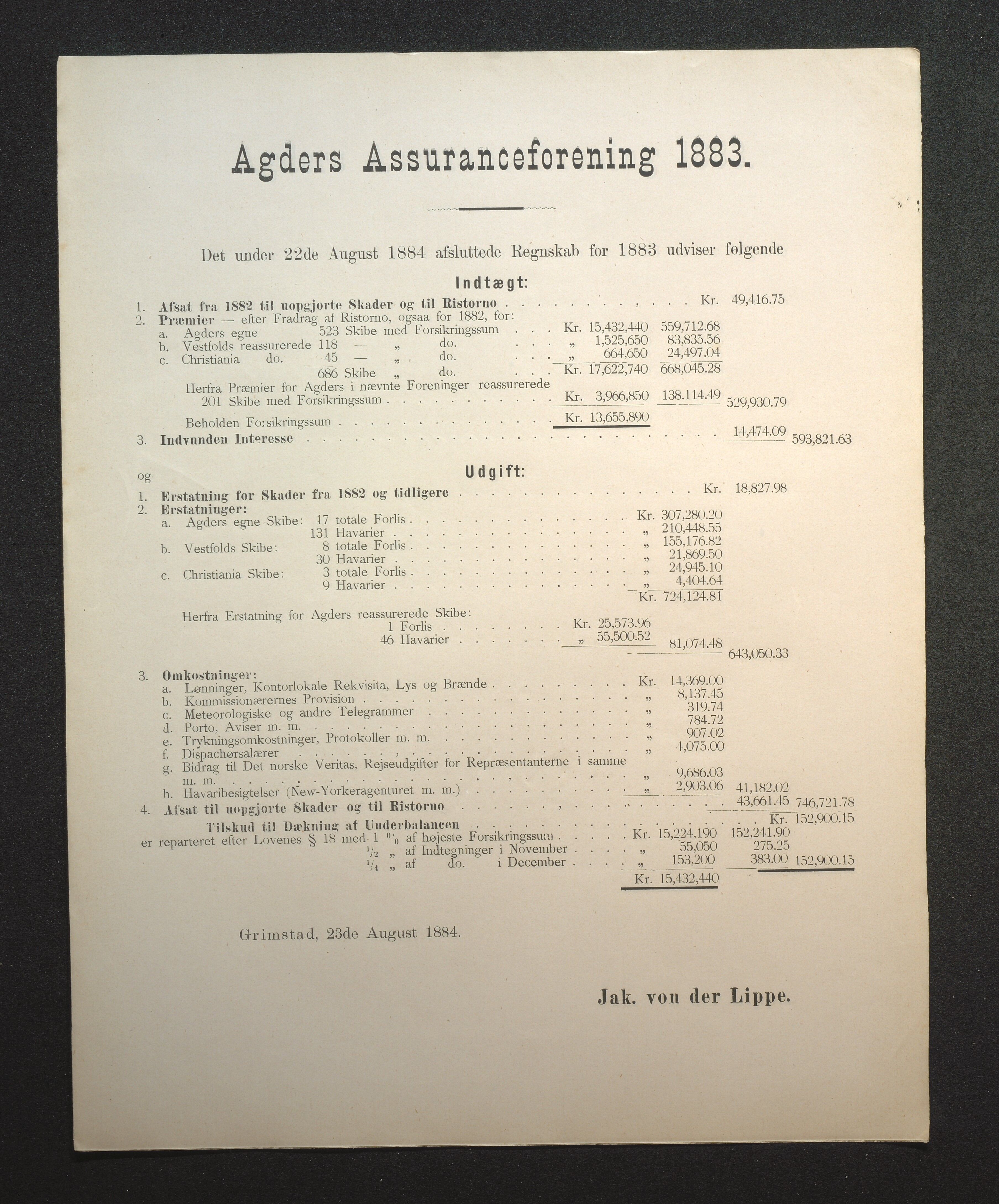 Agders Gjensidige Assuranceforening, AAKS/PA-1718/05/L0002: Regnskap, seilavdeling, pakkesak, 1881-1889