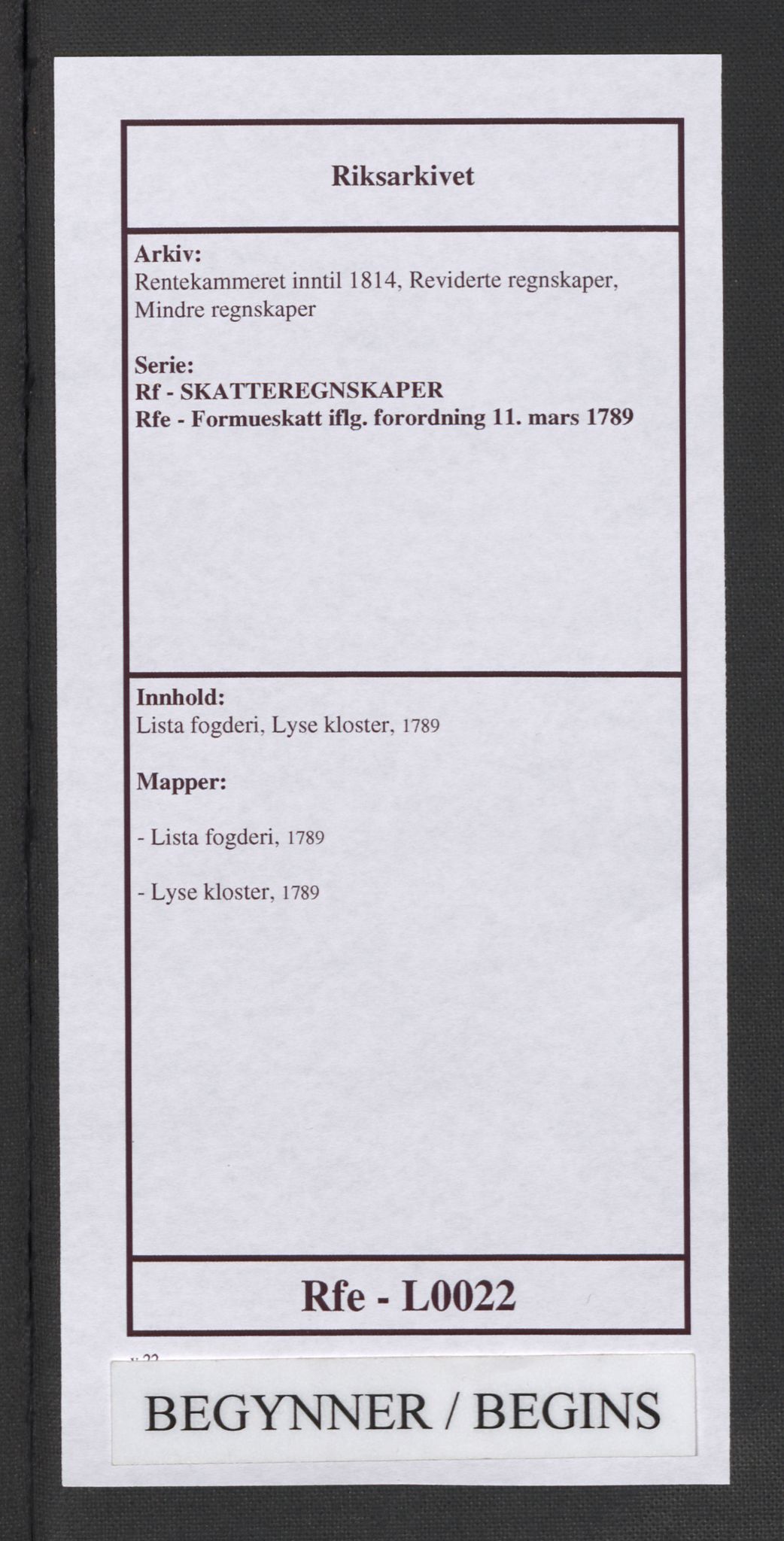 Rentekammeret inntil 1814, Reviderte regnskaper, Mindre regnskaper, RA/EA-4068/Rf/Rfe/L0022: Lista fogderi, Lyse kloster, 1789, s. 1