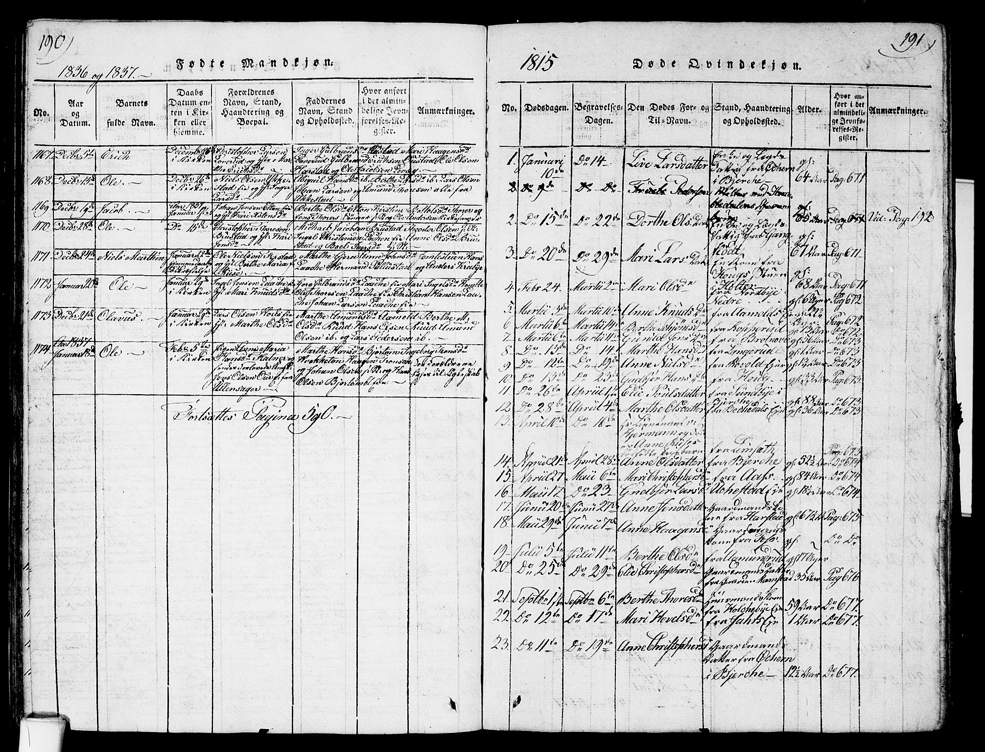 Nannestad prestekontor Kirkebøker, AV/SAO-A-10414a/G/Ga/L0001: Klokkerbok nr. I 1, 1815-1839, s. 190-191