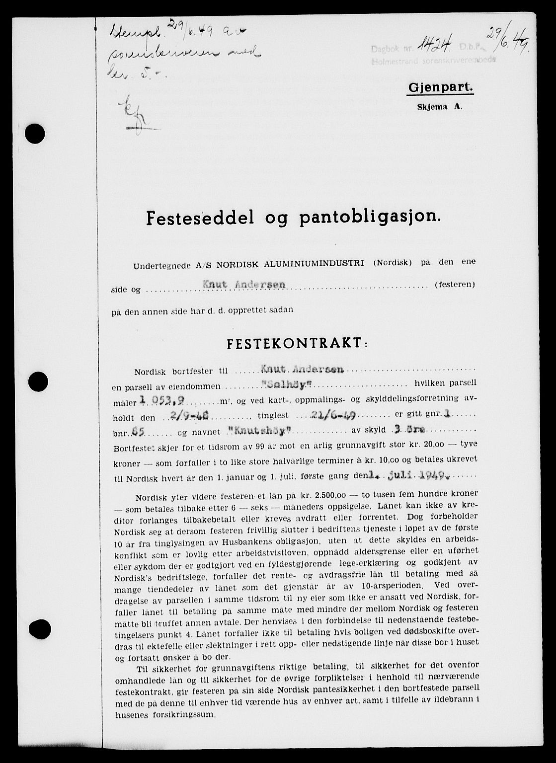 Holmestrand sorenskriveri, SAKO/A-67/G/Ga/Gaa/L0067: Pantebok nr. A-67, 1949-1949, Dagboknr: 1424/1949