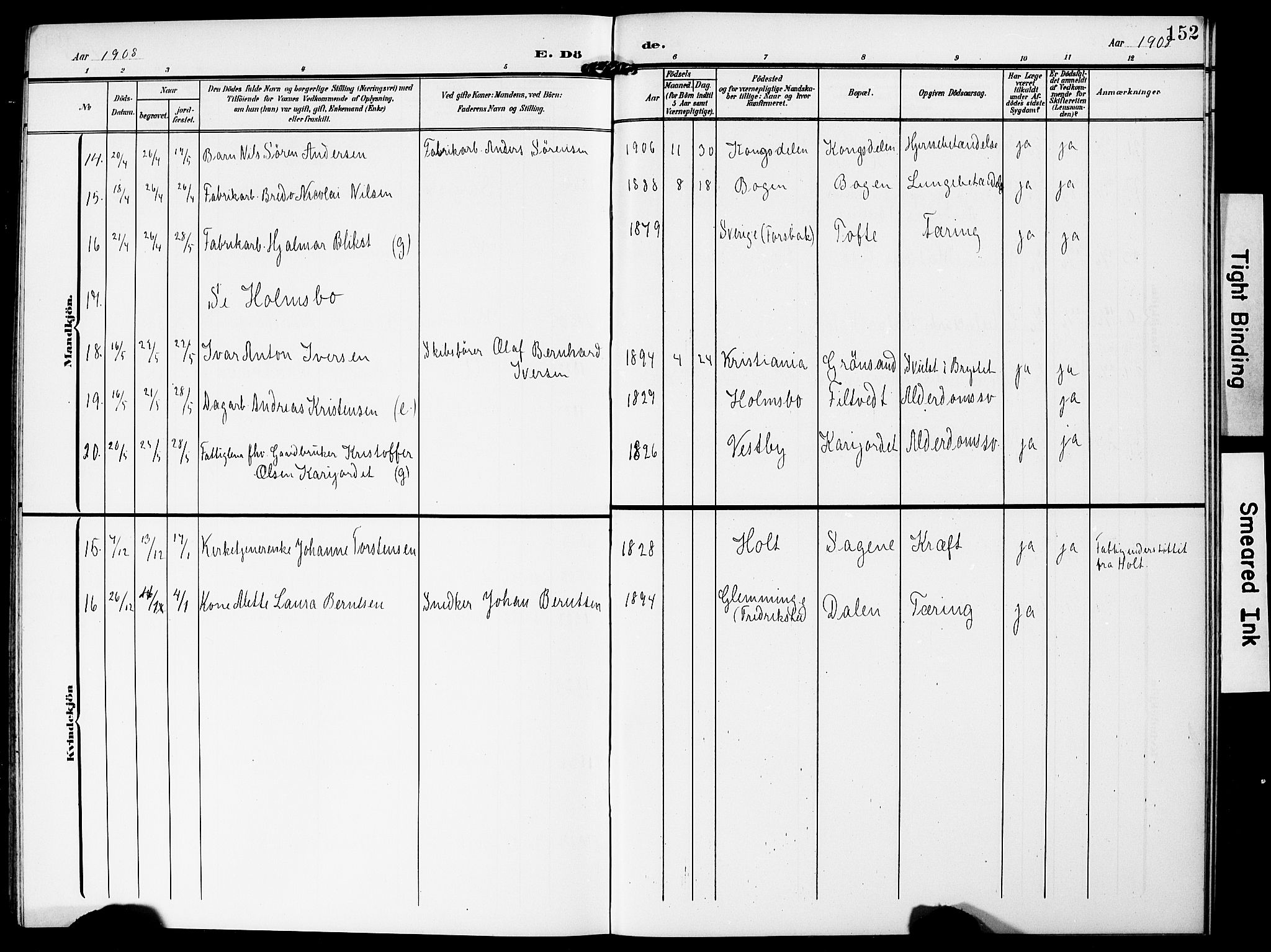 Hurum kirkebøker, AV/SAKO-A-229/G/Ga/L0004: Klokkerbok nr. I 4, 1904-1909, s. 152