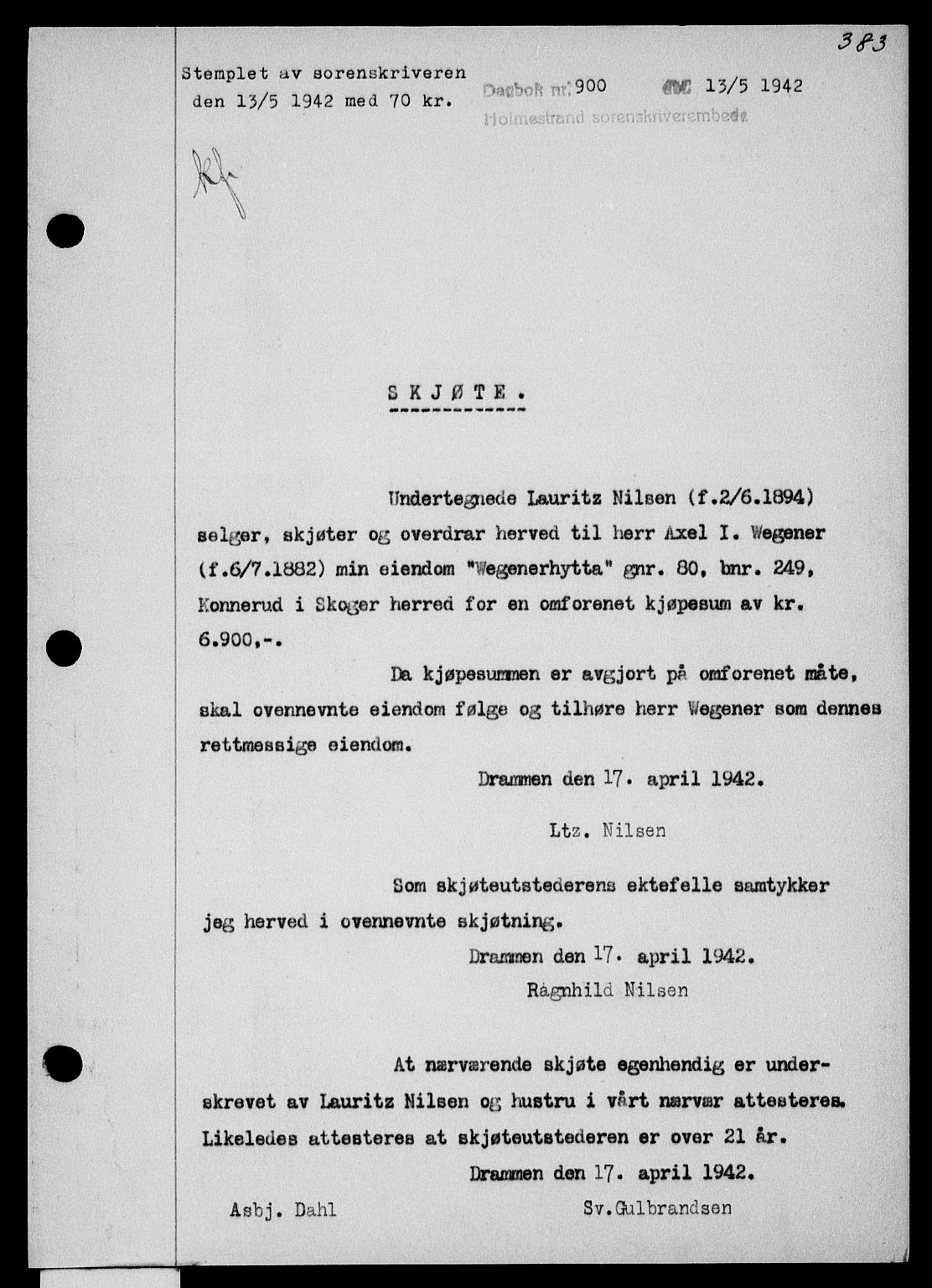Holmestrand sorenskriveri, SAKO/A-67/G/Ga/Gaa/L0055: Pantebok nr. A-55, 1942-1942, Dagboknr: 900/1942