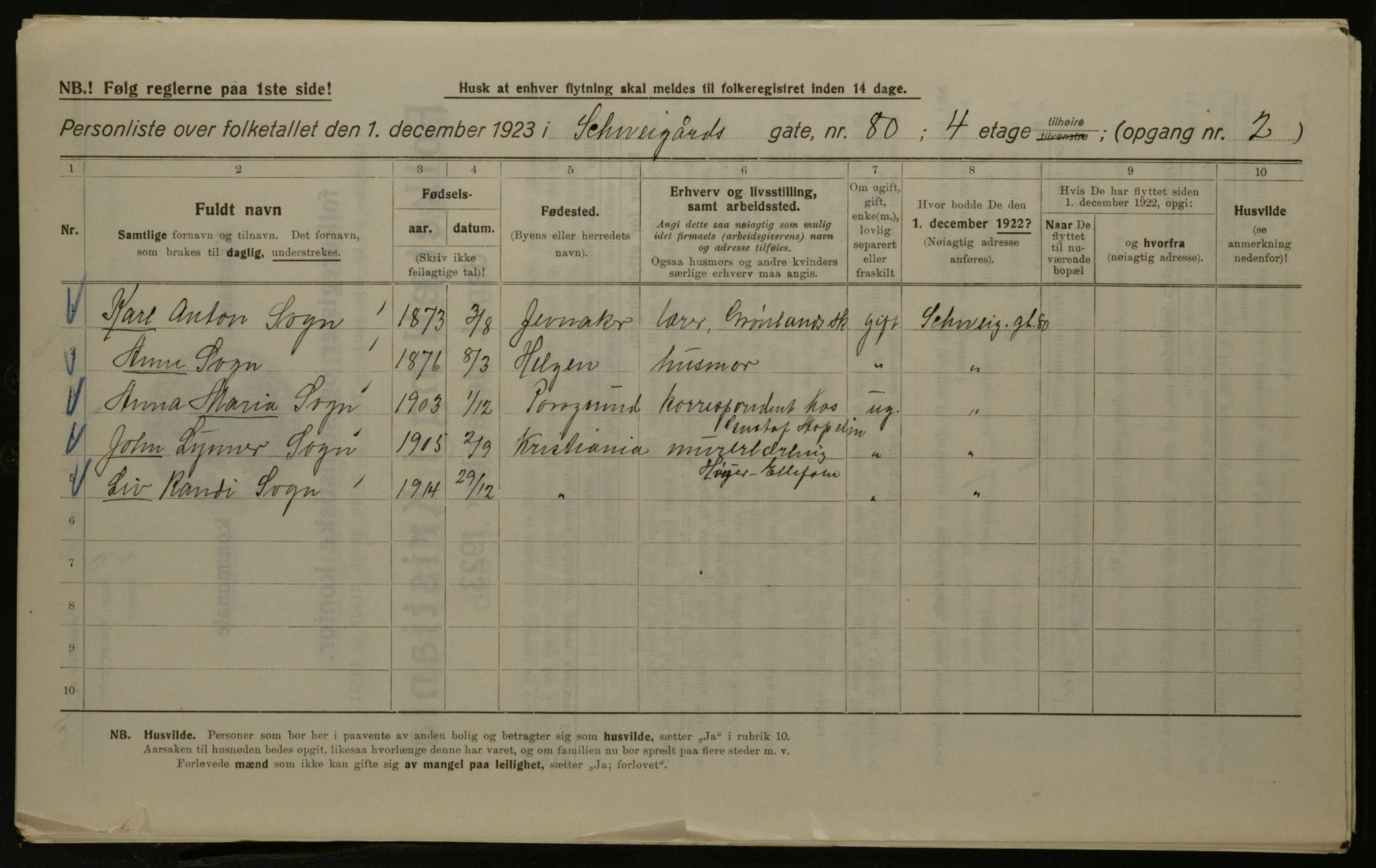 OBA, Kommunal folketelling 1.12.1923 for Kristiania, 1923, s. 101887