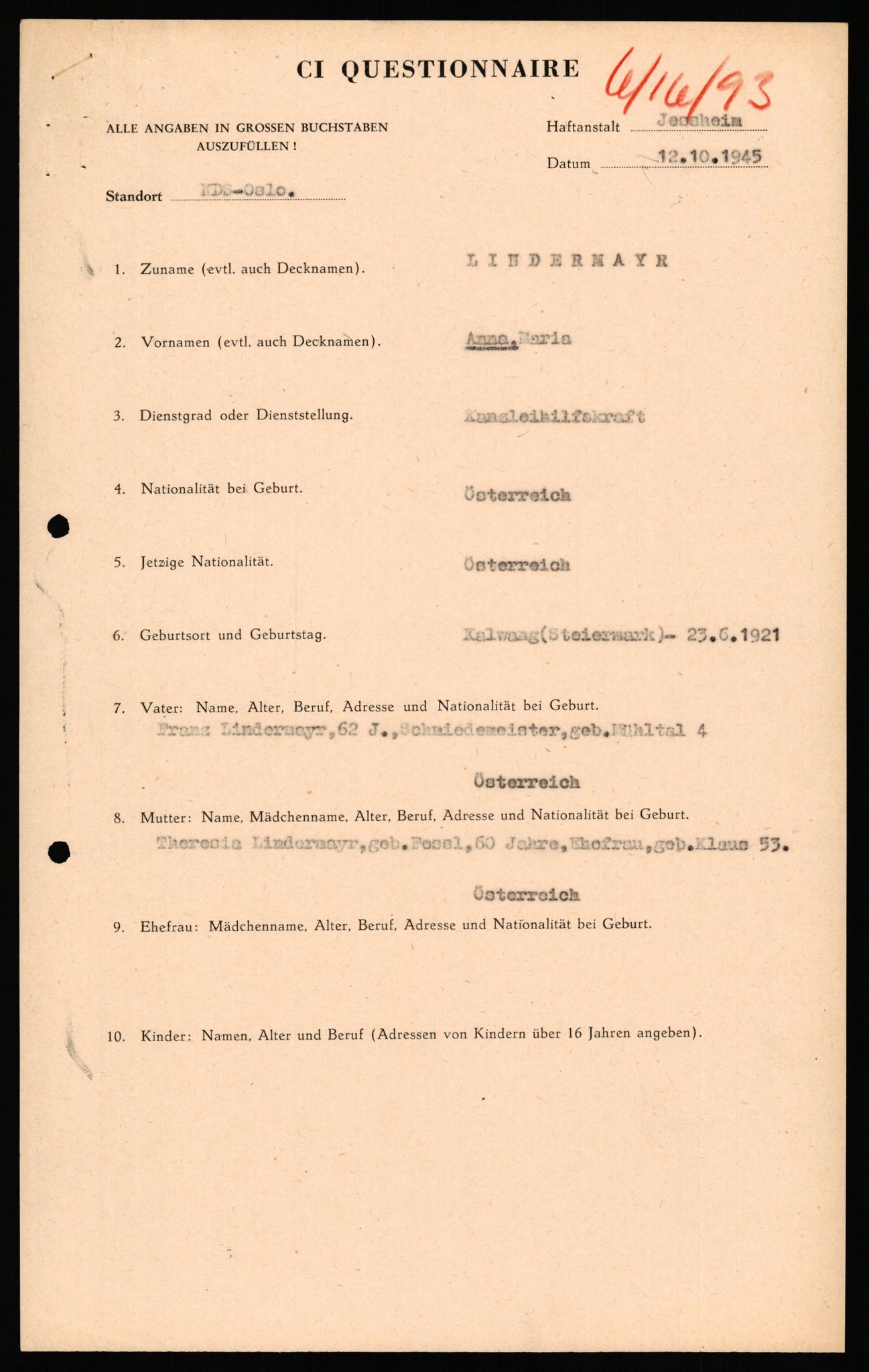 Forsvaret, Forsvarets overkommando II, AV/RA-RAFA-3915/D/Db/L0039: CI Questionaires. Tyske okkupasjonsstyrker i Norge. Østerrikere., 1945-1946, s. 314