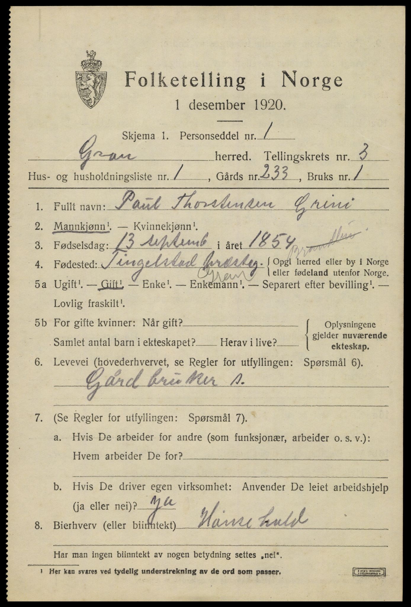 SAH, Folketelling 1920 for 0534 Gran herred, 1920, s. 5142