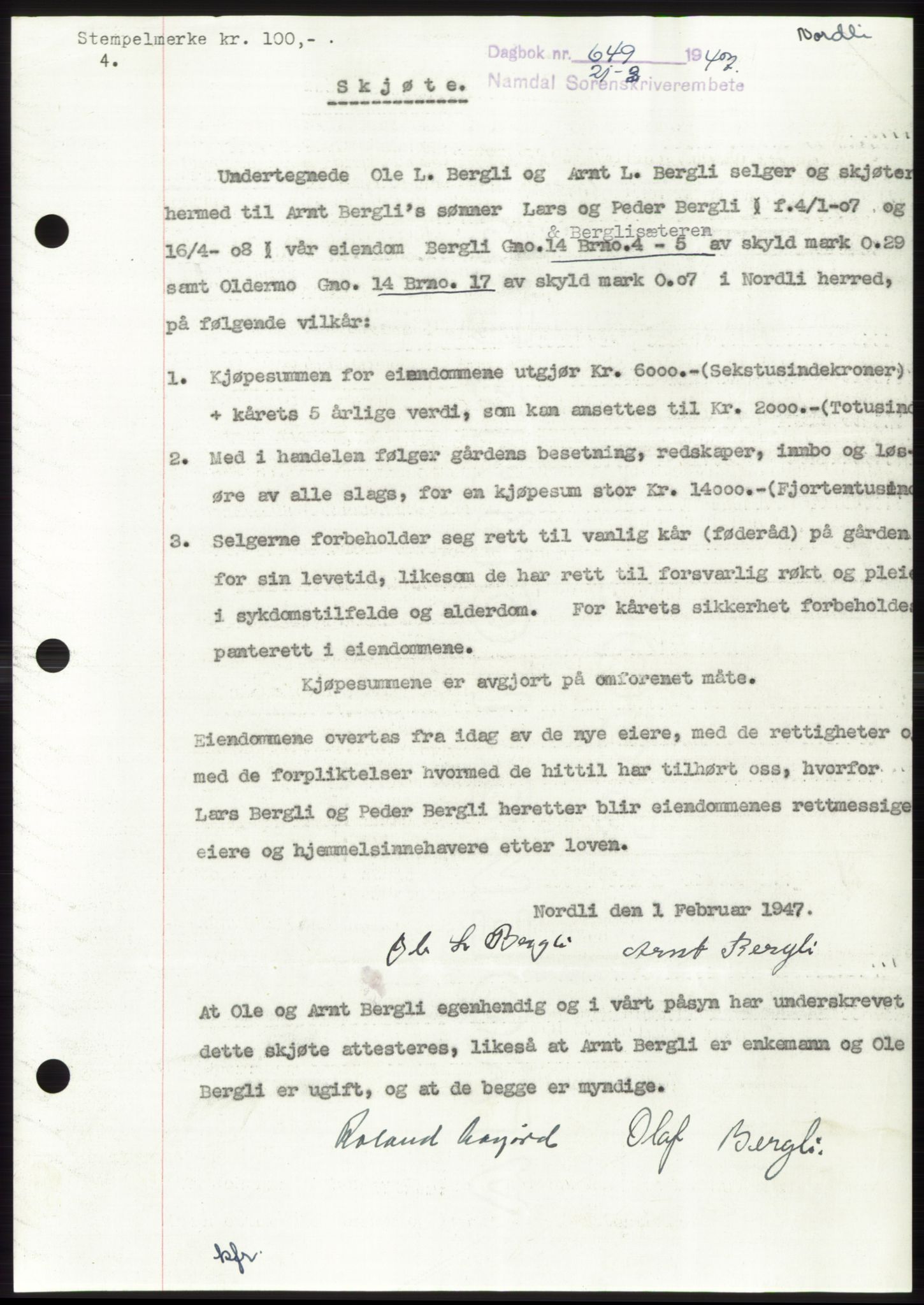 Namdal sorenskriveri, SAT/A-4133/1/2/2C: Pantebok nr. -, 1946-1947, Dagboknr: 649/1947