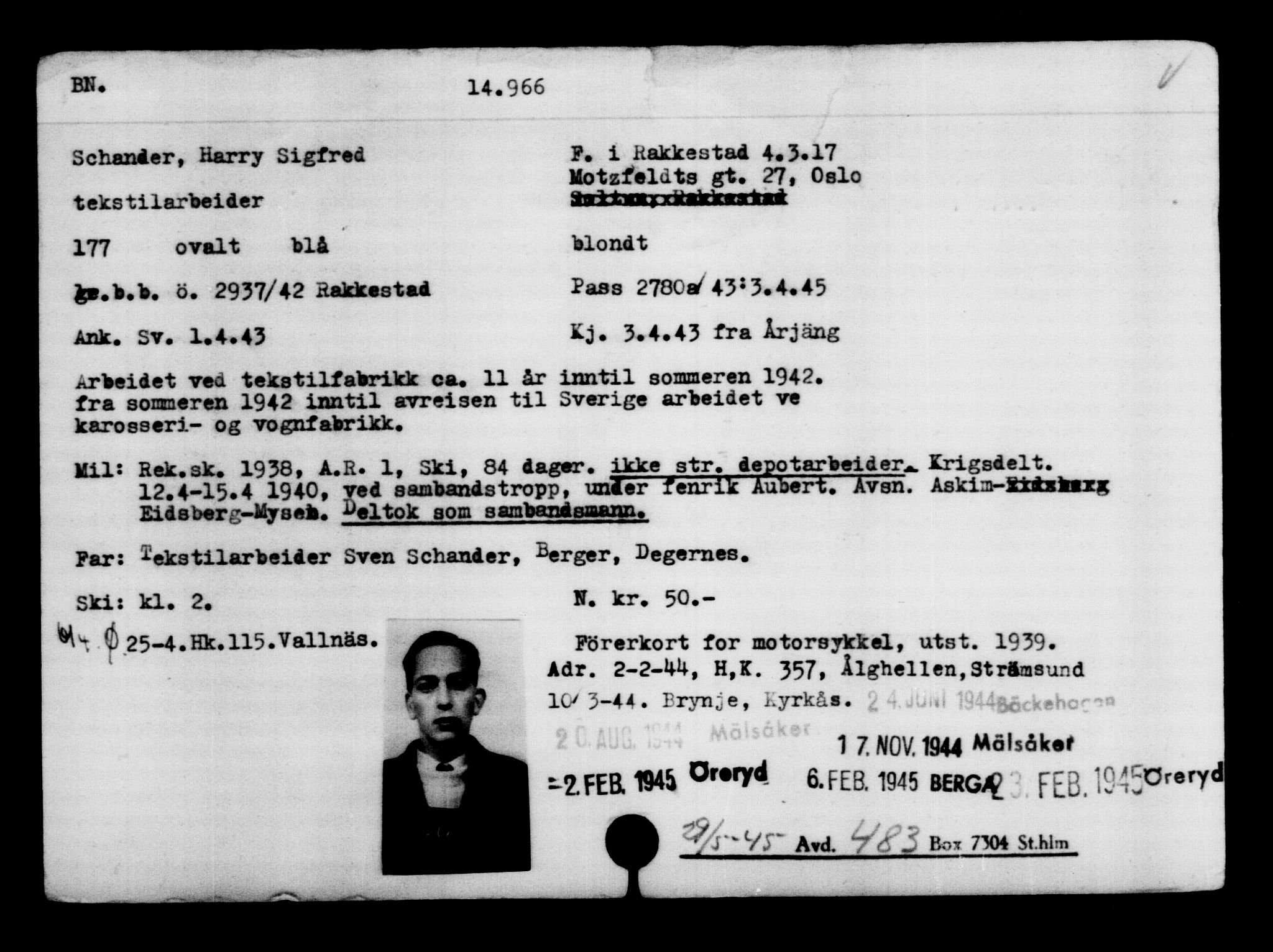 Den Kgl. Norske Legasjons Flyktningskontor, AV/RA-S-6753/V/Va/L0007: Kjesäterkartoteket.  Flyktningenr. 12700-15723, 1940-1945, s. 2606