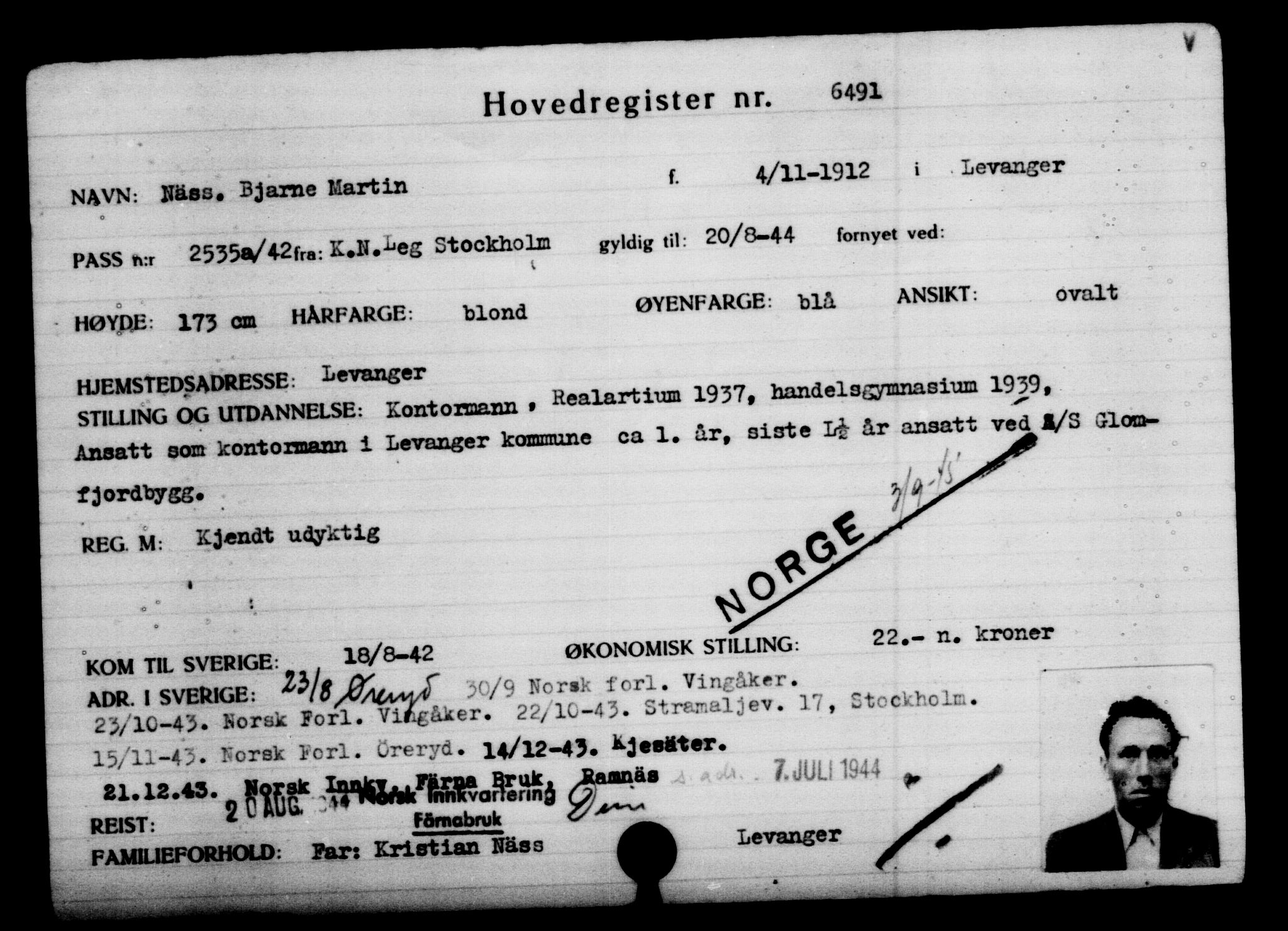 Utenriksstasjonene, Legasjonen i Stockholm, Flyktningkontoret, AV/RA-S-6753/V/Va/L0004: Kjesäterkartoteket, flyktninger med registreringsnr. 3496-6610, 1940-1945, s. 3547