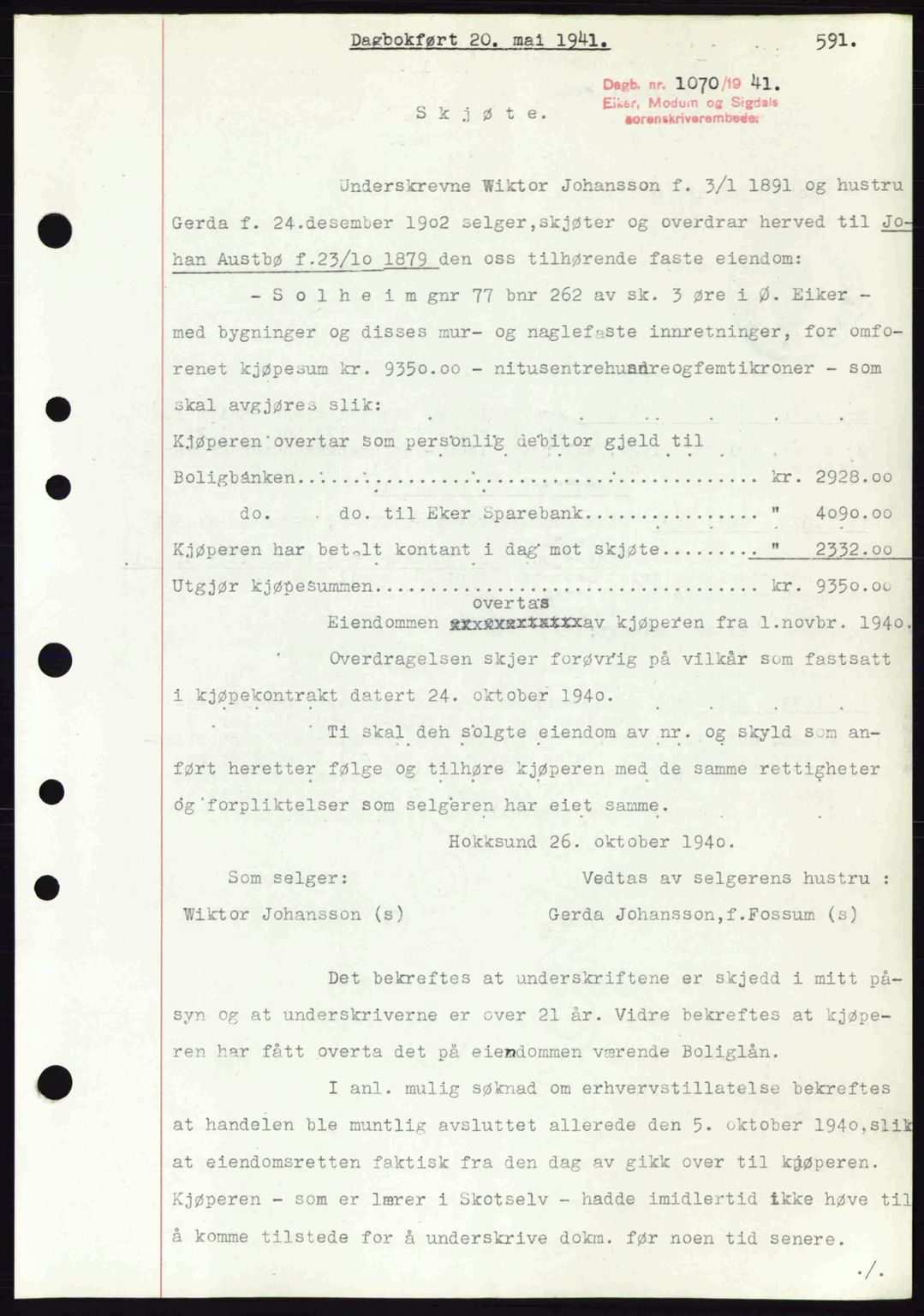 Eiker, Modum og Sigdal sorenskriveri, SAKO/A-123/G/Ga/Gab/L0043: Pantebok nr. A13, 1940-1941, Dagboknr: 1070/1941